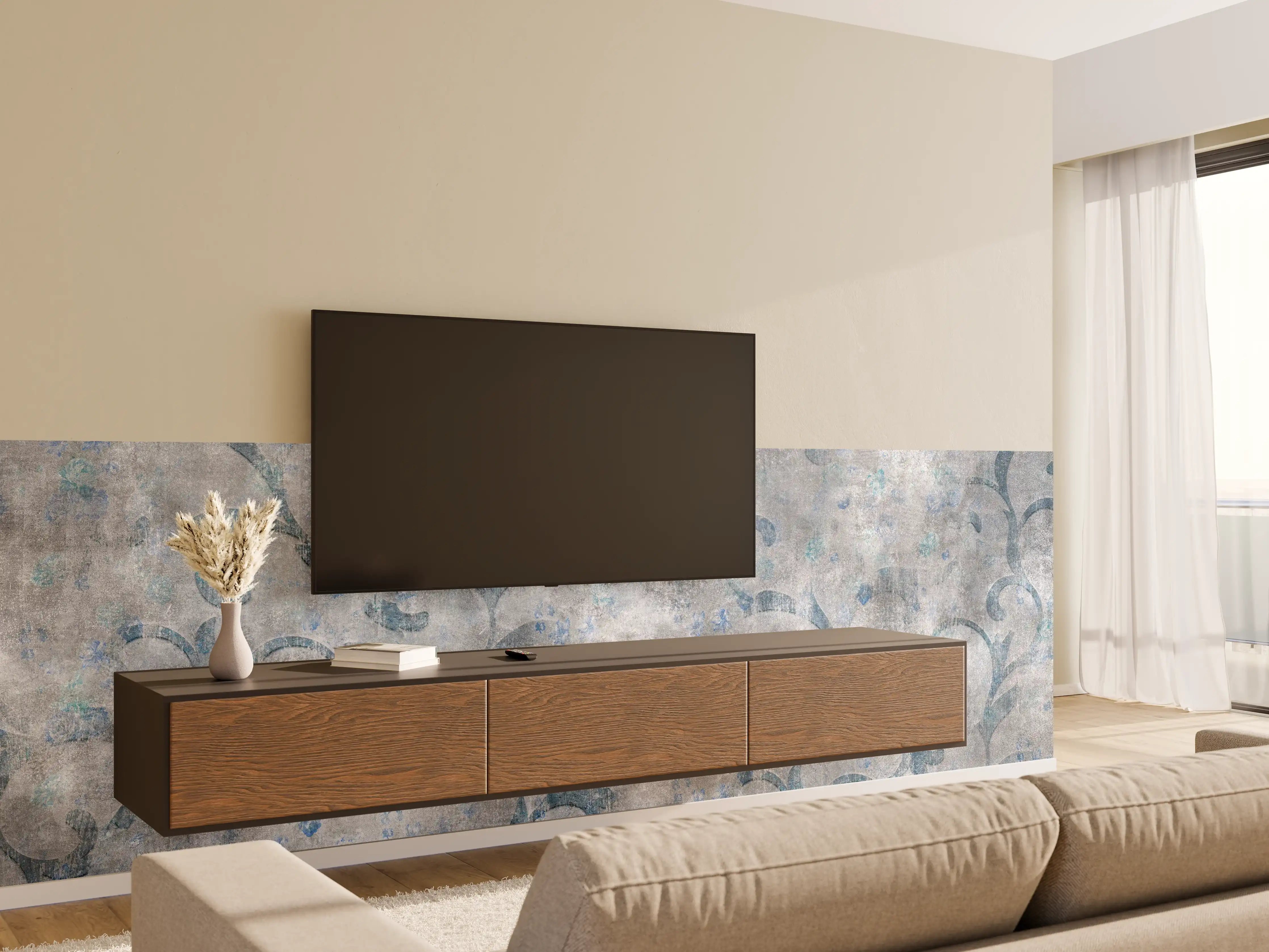 Wandverkleidung Wohnzimmer - Blaues Blätter Muster - Zement