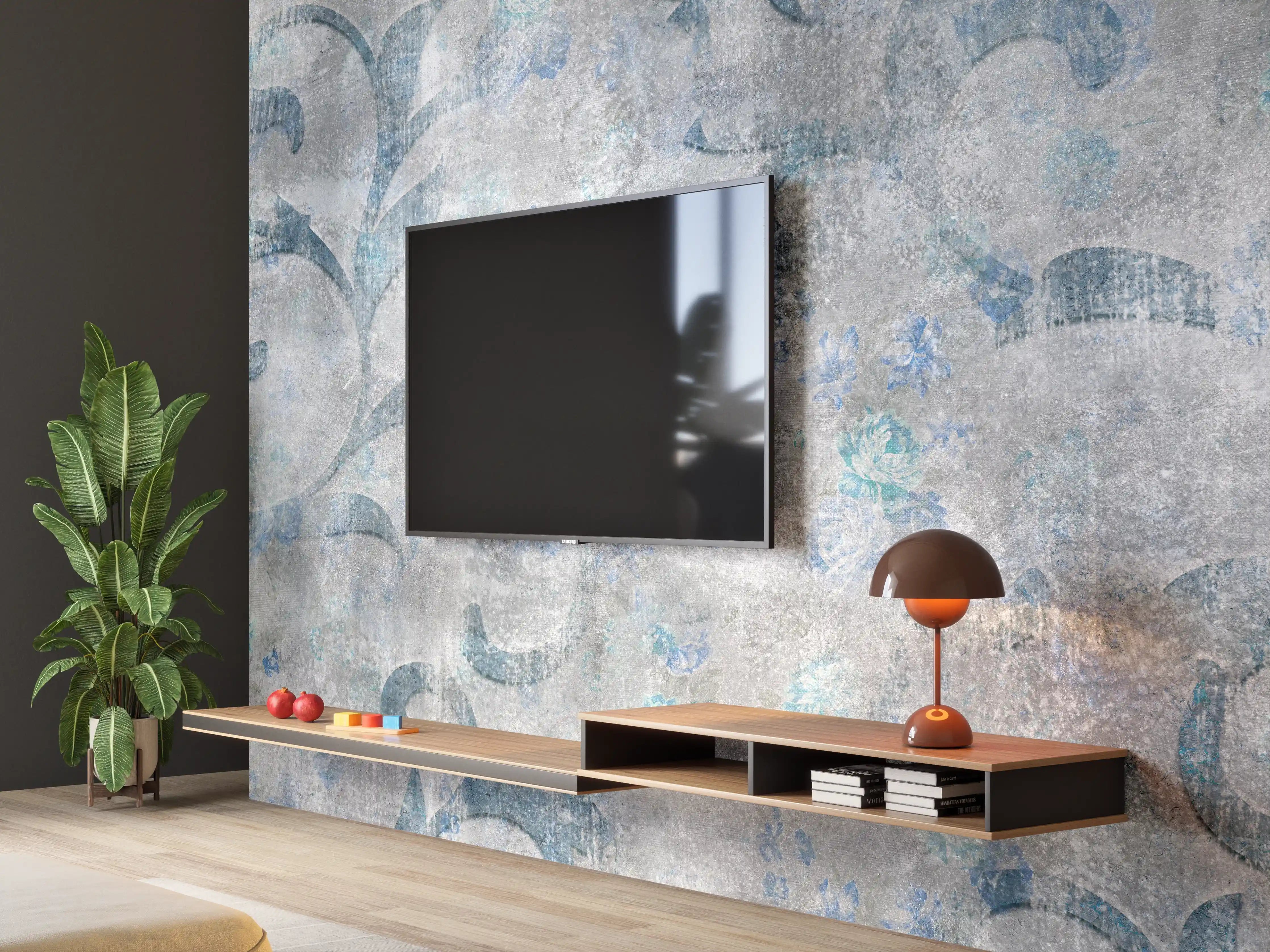 Wandverkleidung Wohnzimmer - Blaues Blätter Muster - Zement