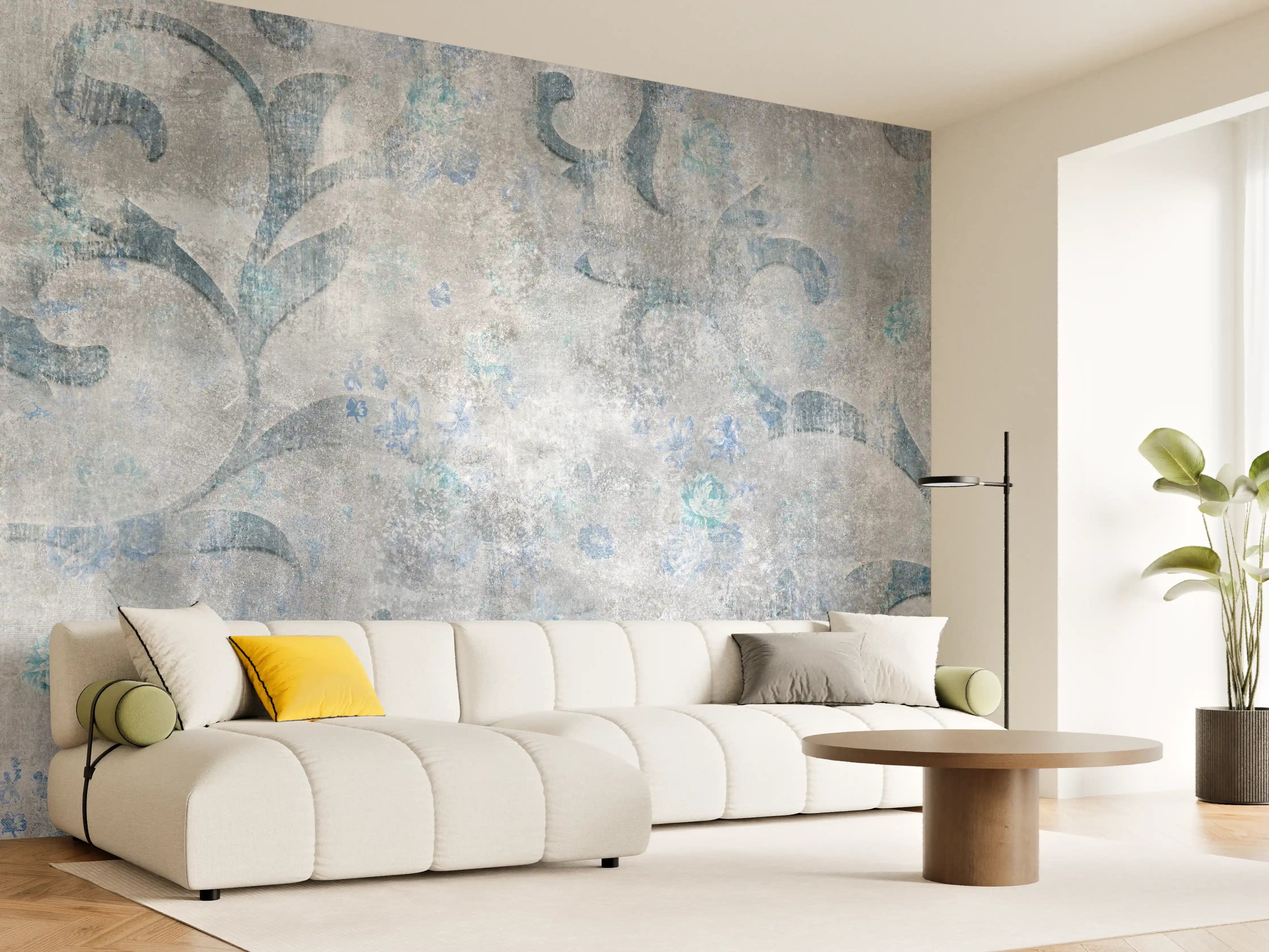 Wandverkleidung Wohnzimmer - Blaues Blätter Muster - Zement