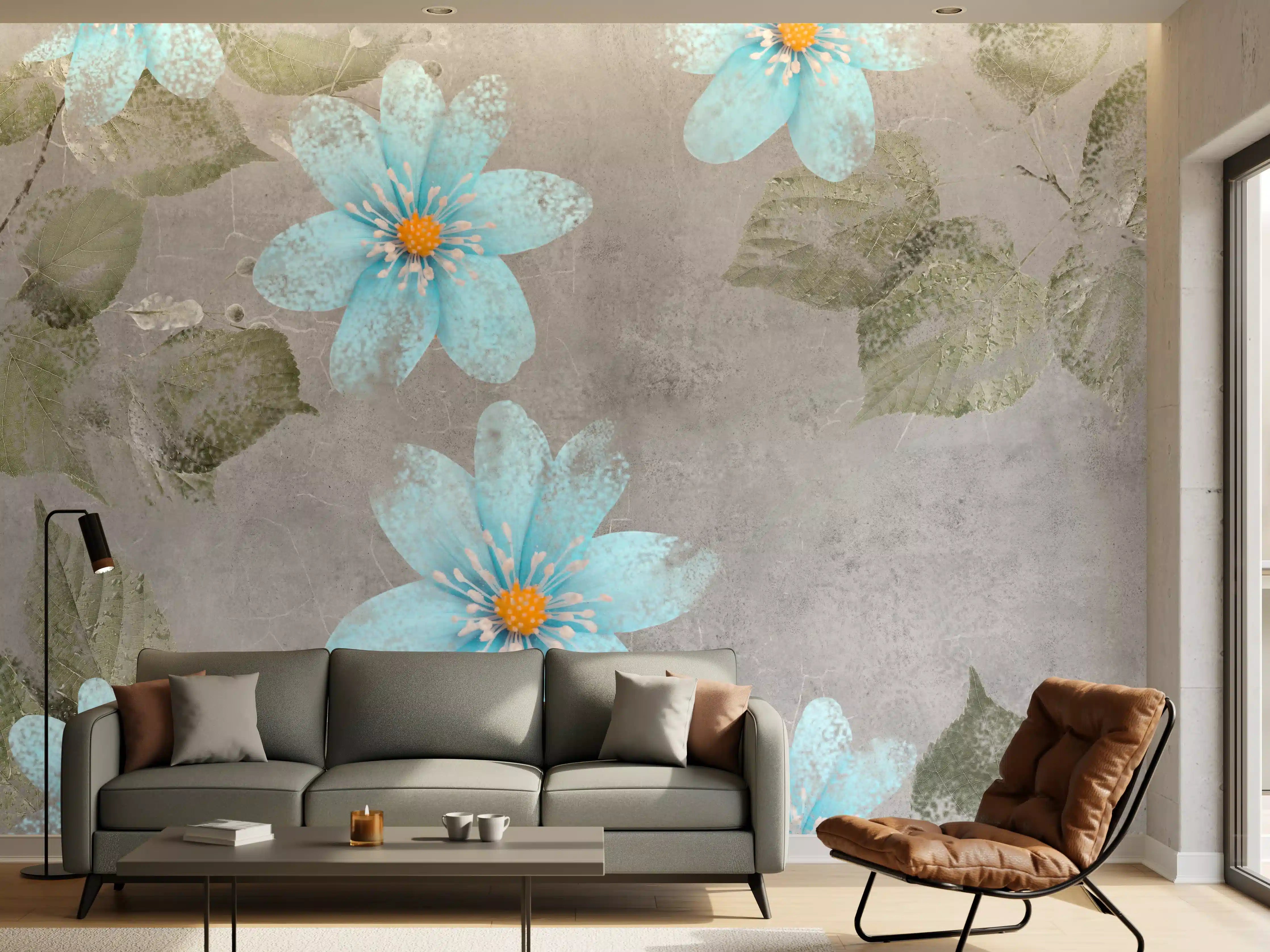 Wandverkleidung Wohnzimmer - Blaues Blumenmuster - Zeichnung