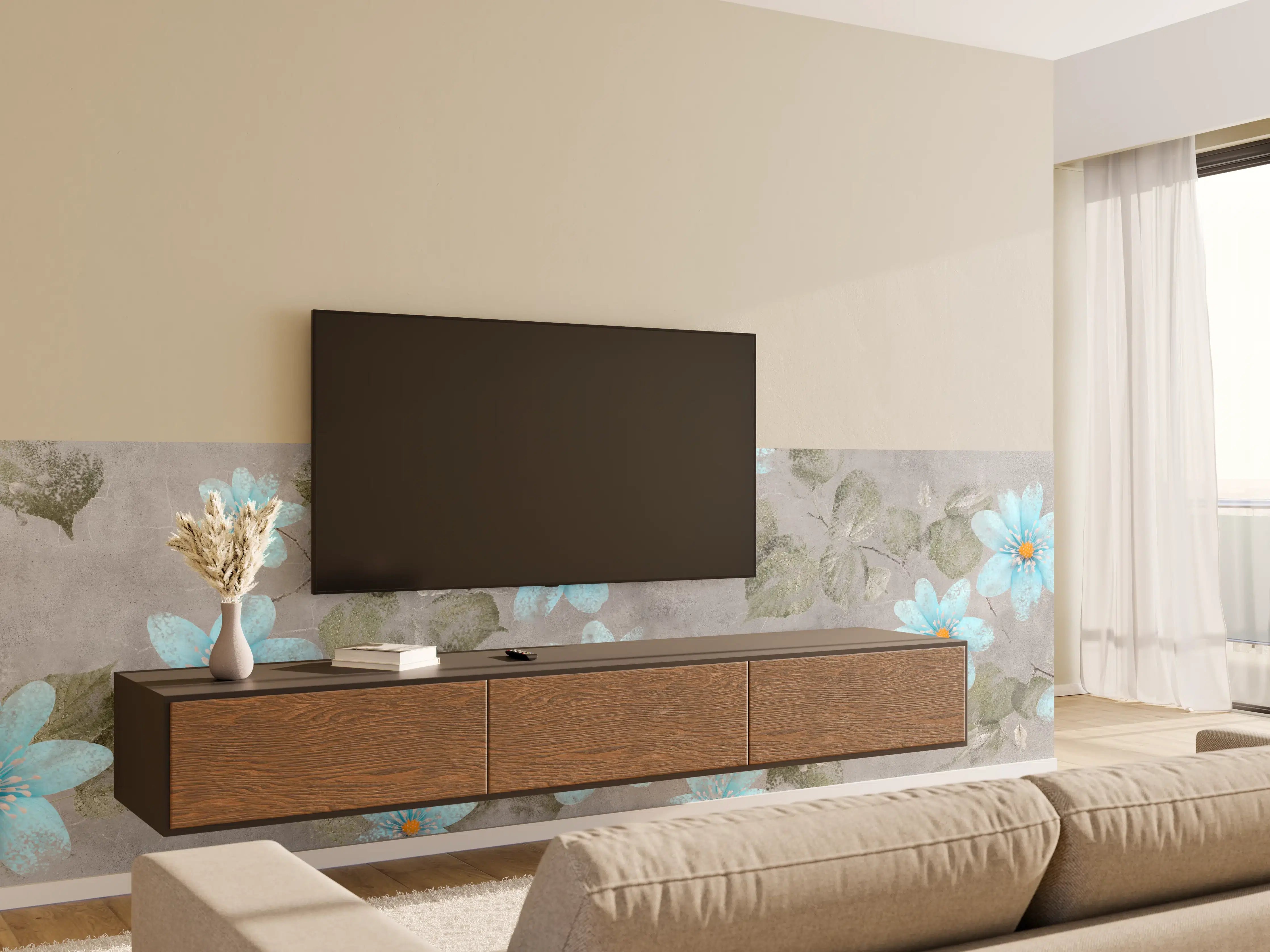 Wandverkleidung Wohnzimmer - Blaues Blumenmuster - Zeichnung