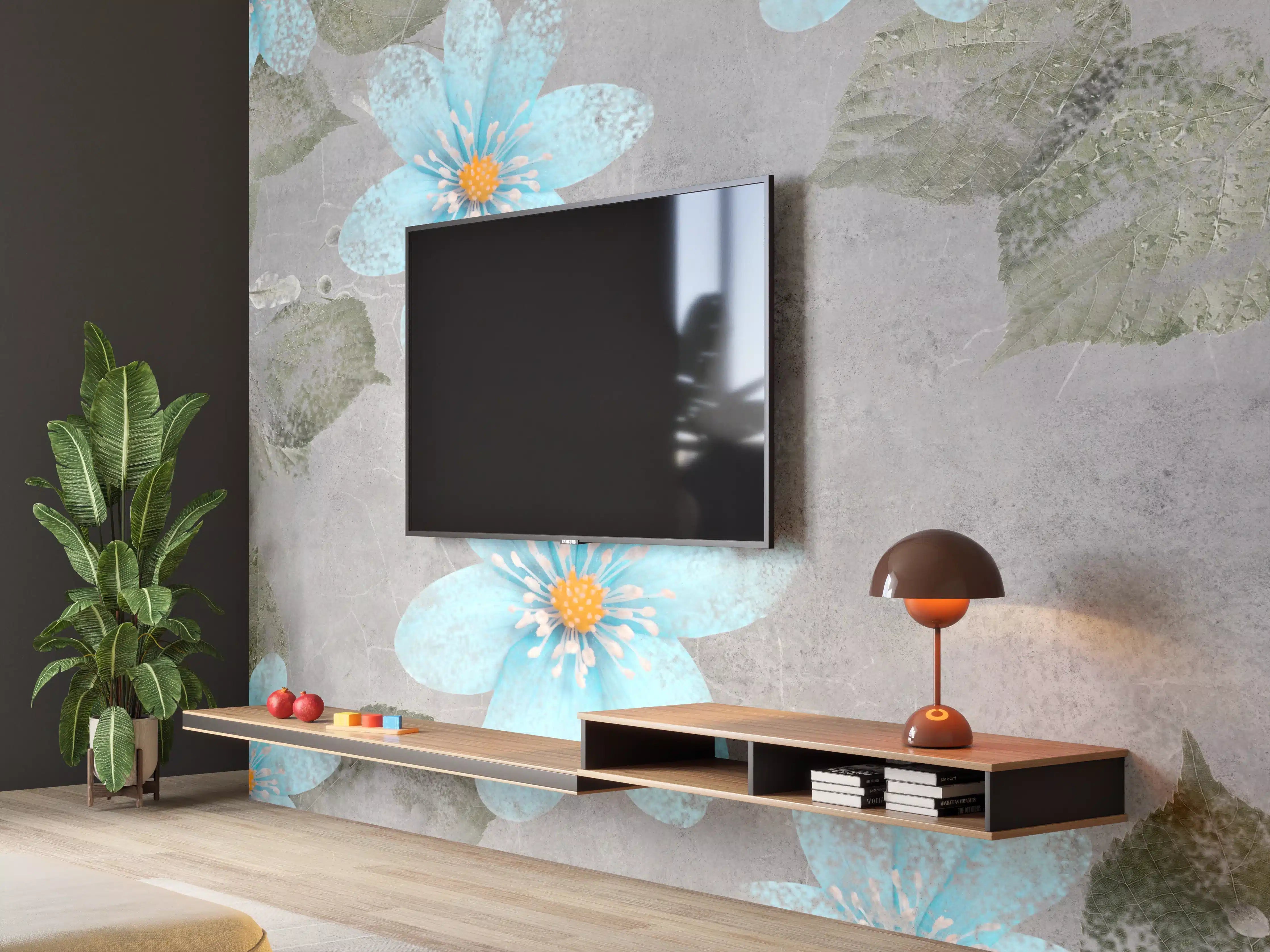Wandverkleidung Wohnzimmer - Blaues Blumenmuster - Zeichnung