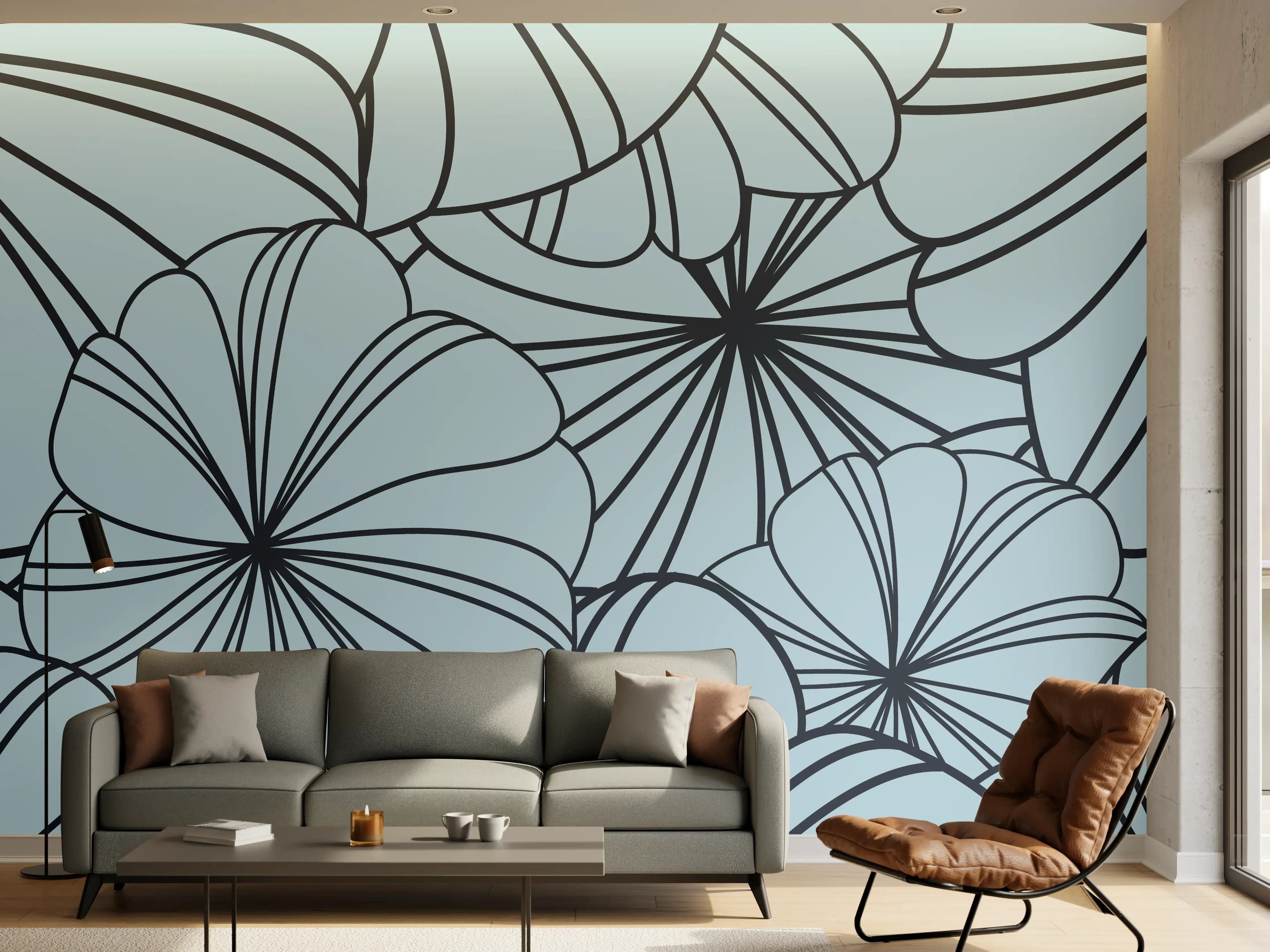 Wandverkleidung Wohnzimmer - Blaues Blumenmuster Design
