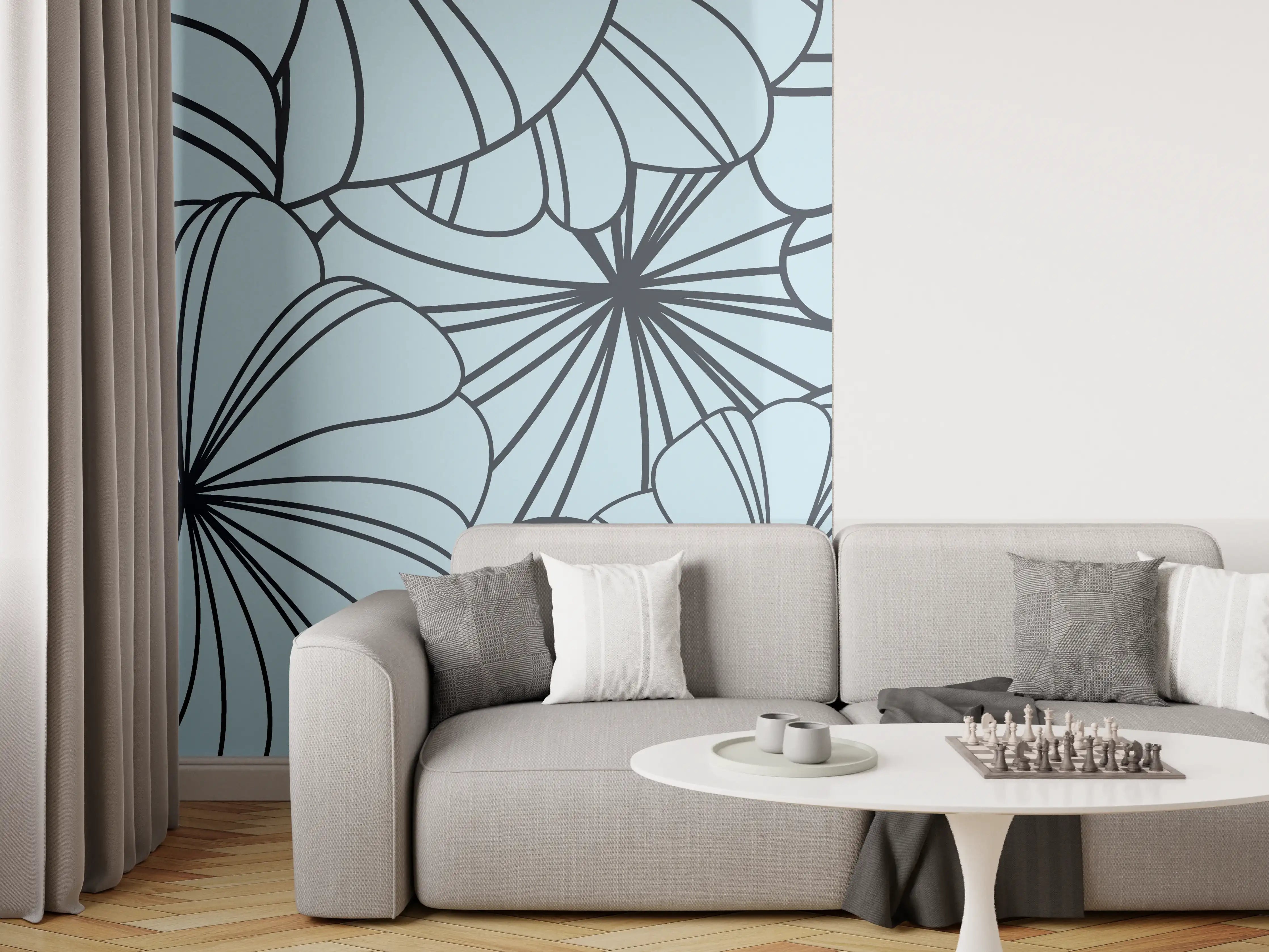 Wandverkleidung Wohnzimmer - Blaues Blumenmuster Design