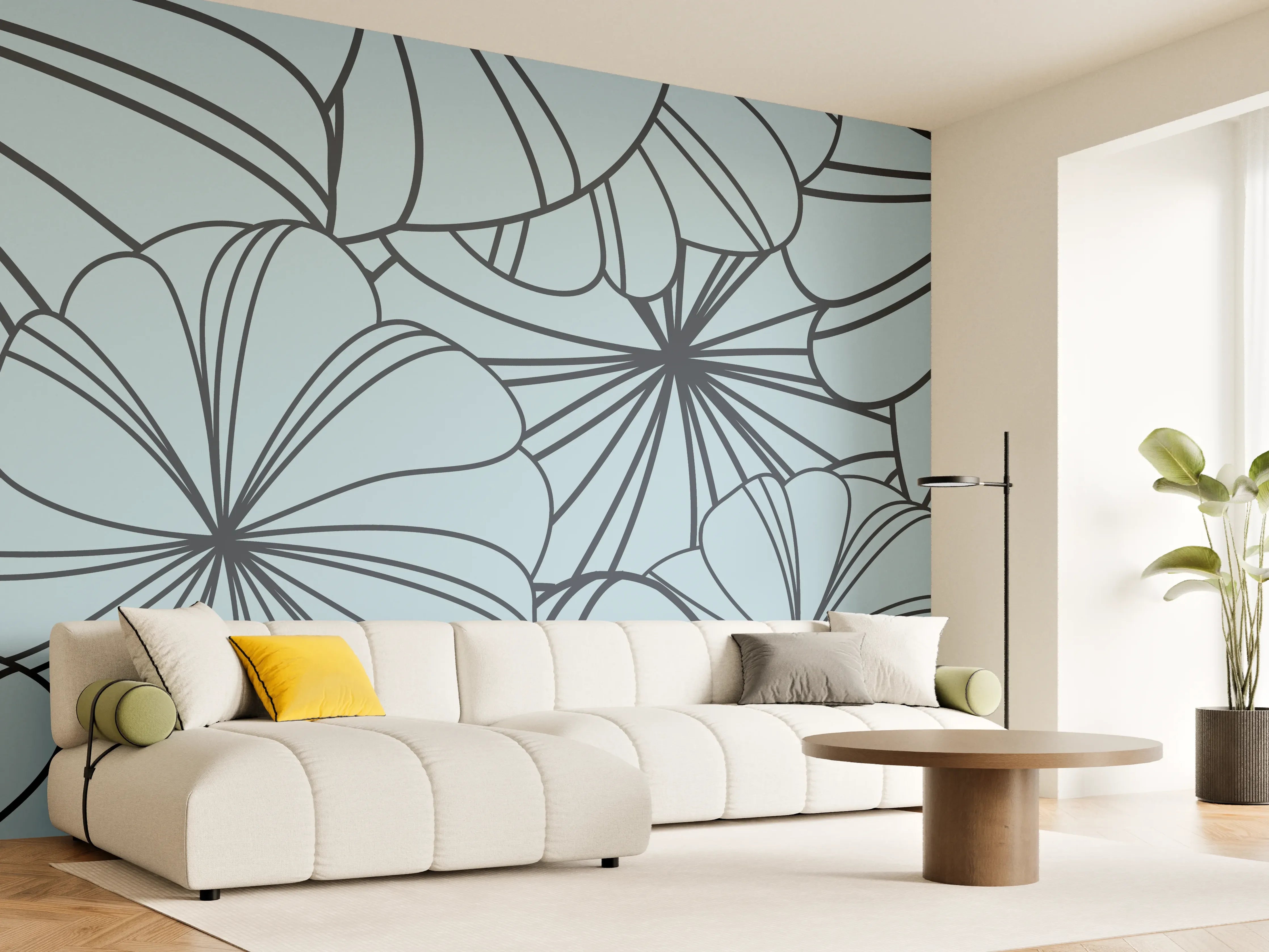 Wandverkleidung Wohnzimmer - Blaues Blumenmuster Design