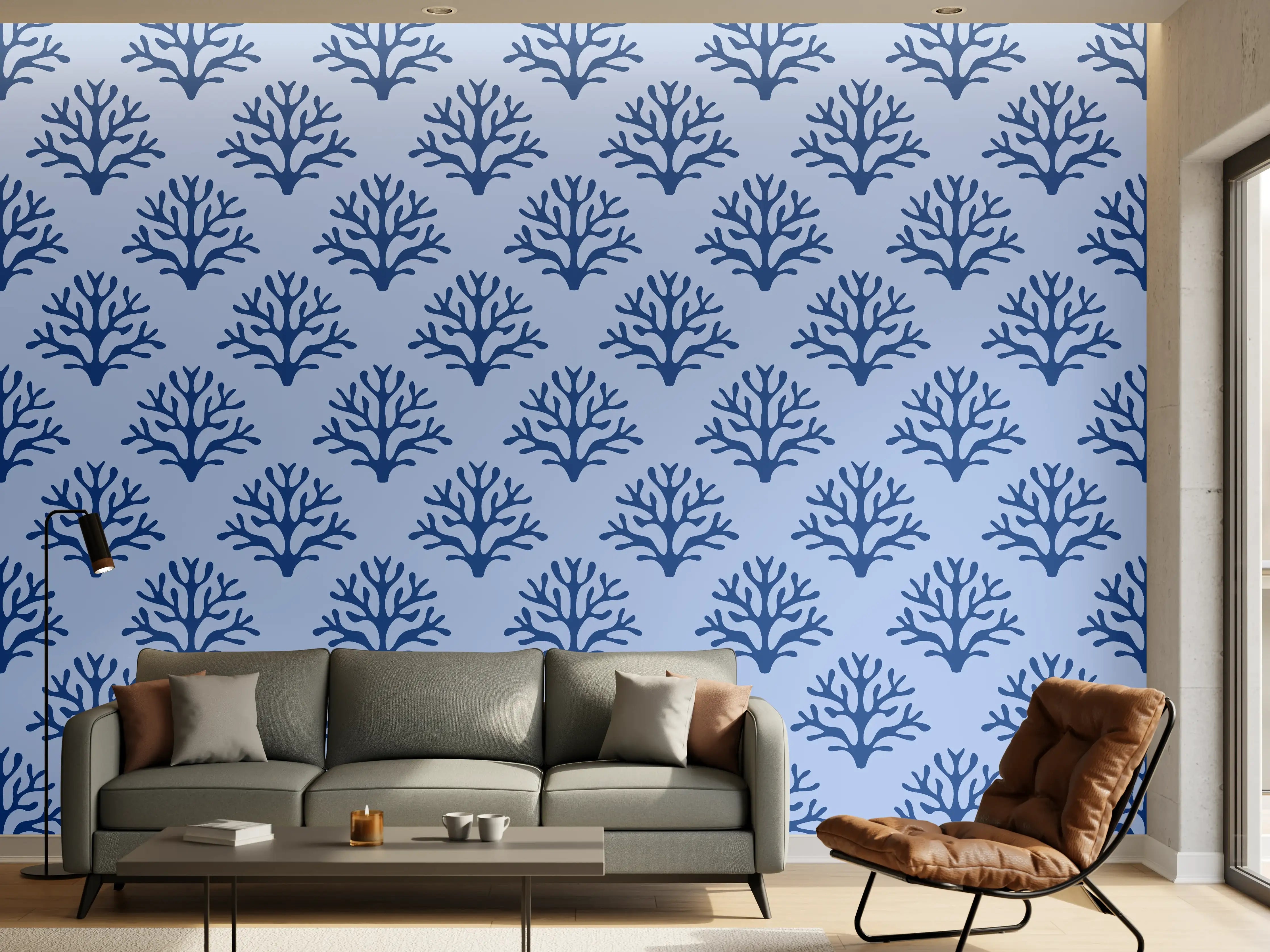 Wandverkleidung Wohnzimmer - Blaues Korallenmuster Tapete