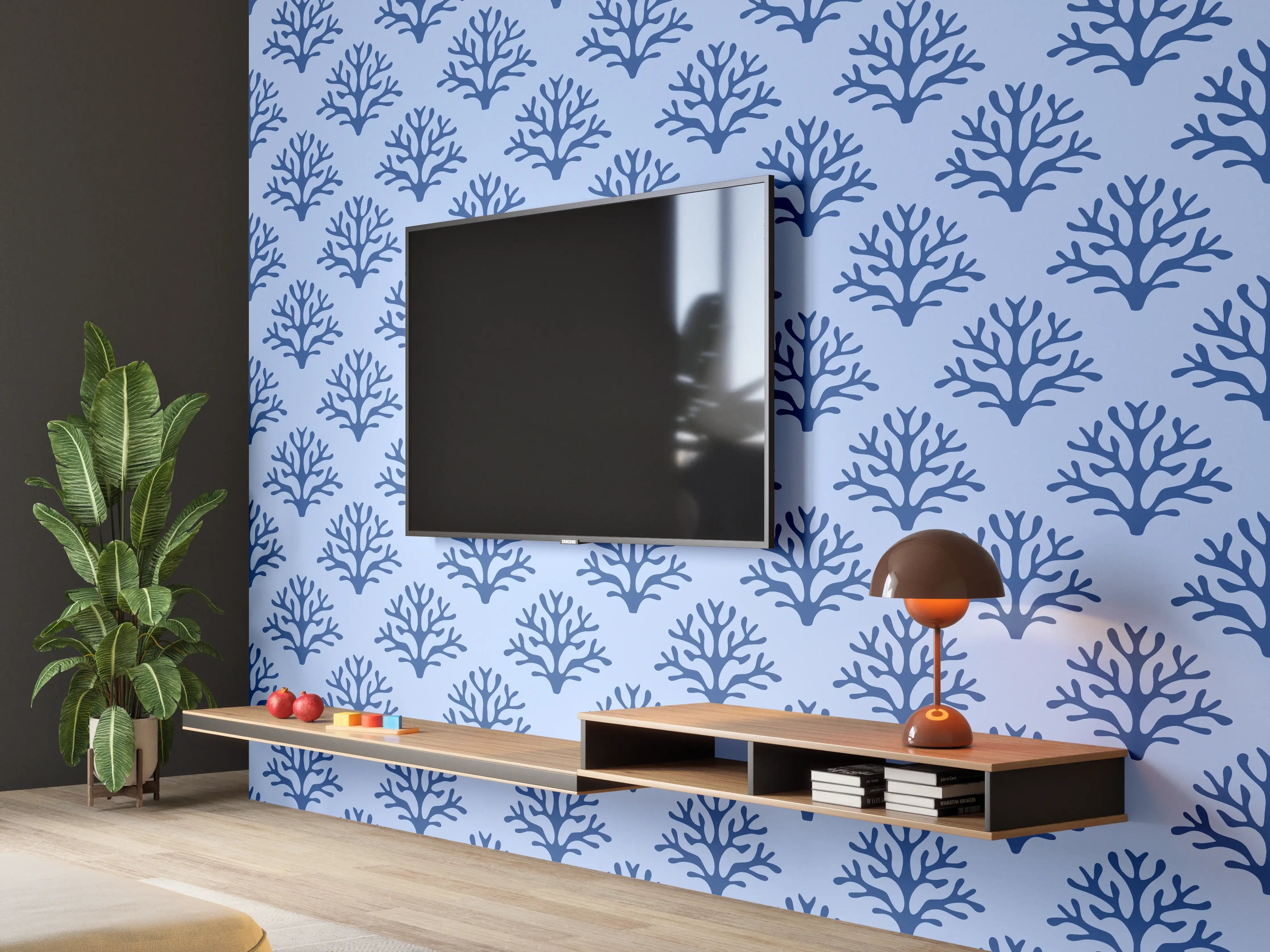 Wandverkleidung Wohnzimmer - Blaues Korallenmuster Tapete