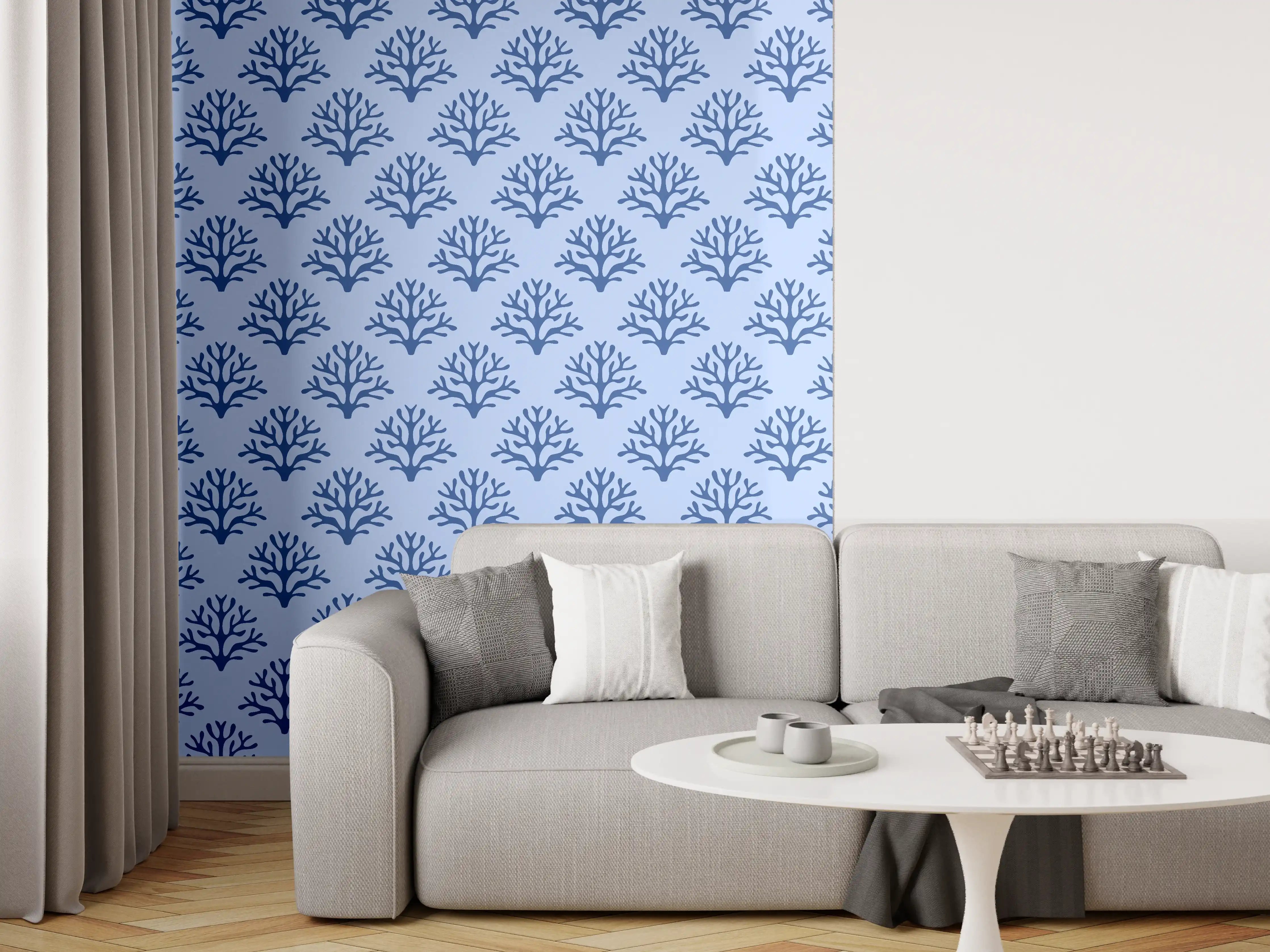 Wandverkleidung Wohnzimmer - Blaues Korallenmuster Tapete