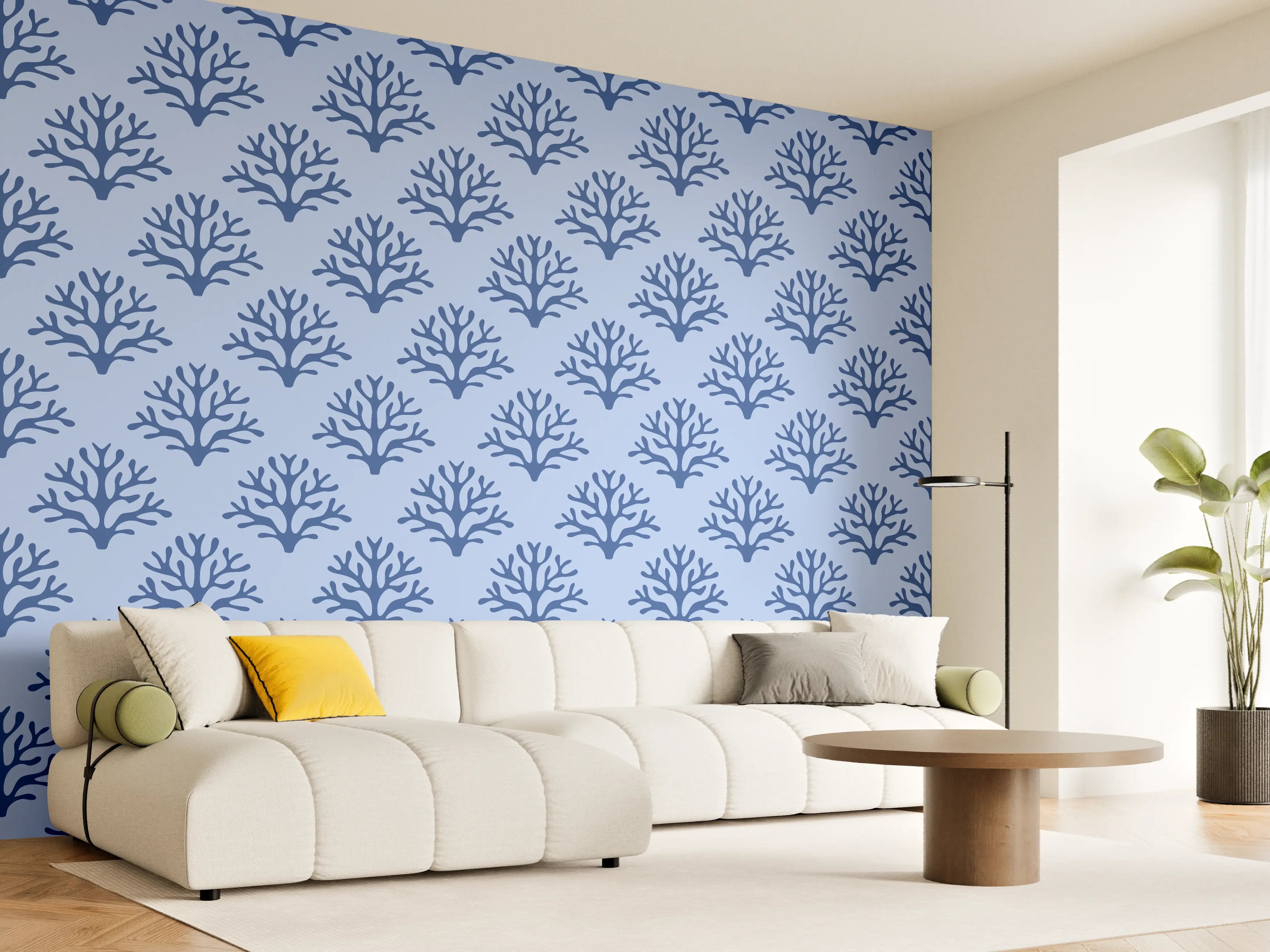 Wandverkleidung Wohnzimmer - Blaues Korallenmuster Tapete