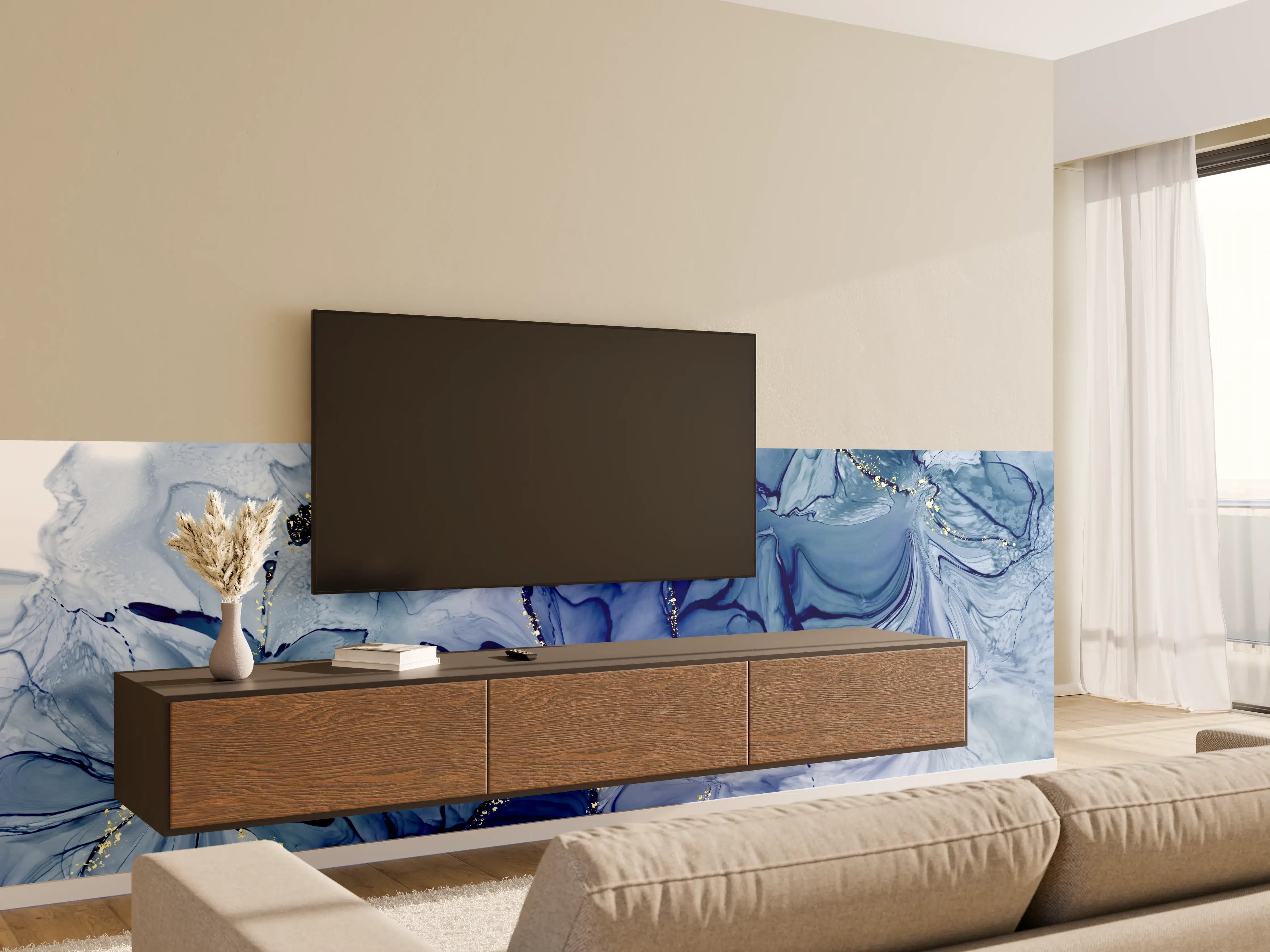 Wandverkleidung Wohnzimmer - Blaues Marbledesign mit Goldakzenten