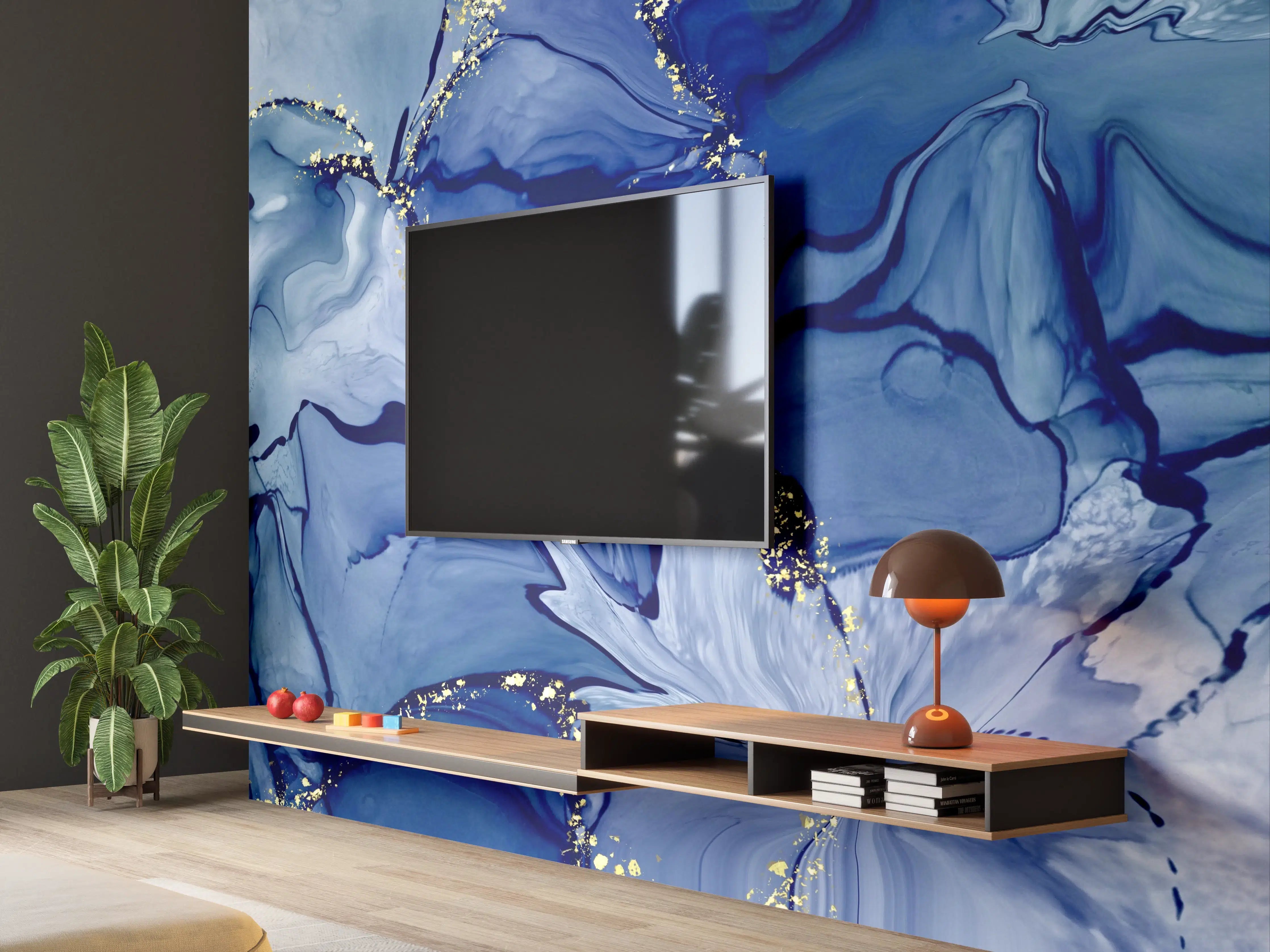 Wandverkleidung Wohnzimmer - Blaues Marbledesign mit Goldakzenten