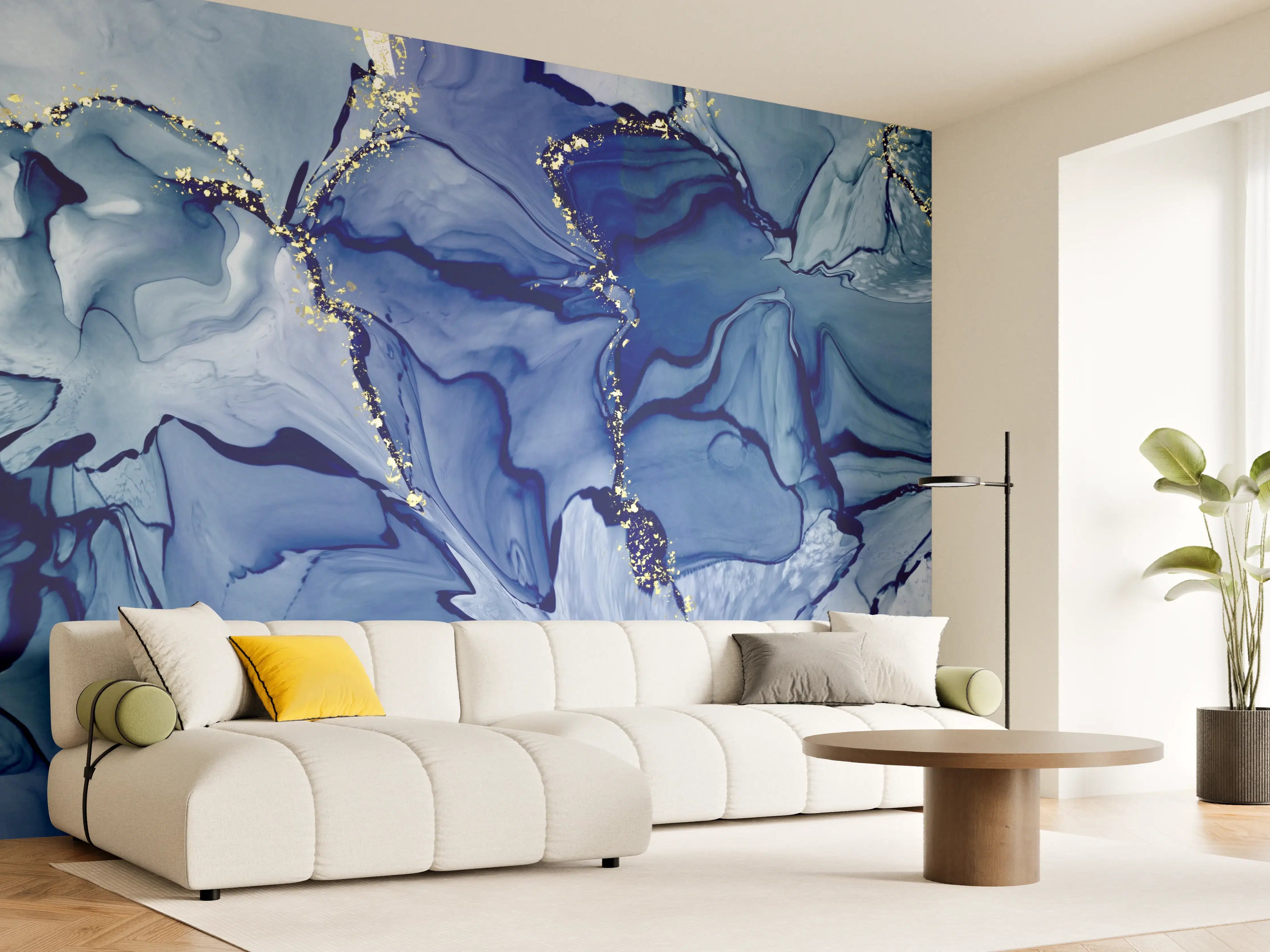 Wandverkleidung Wohnzimmer - Blaues Marbledesign mit Goldakzenten