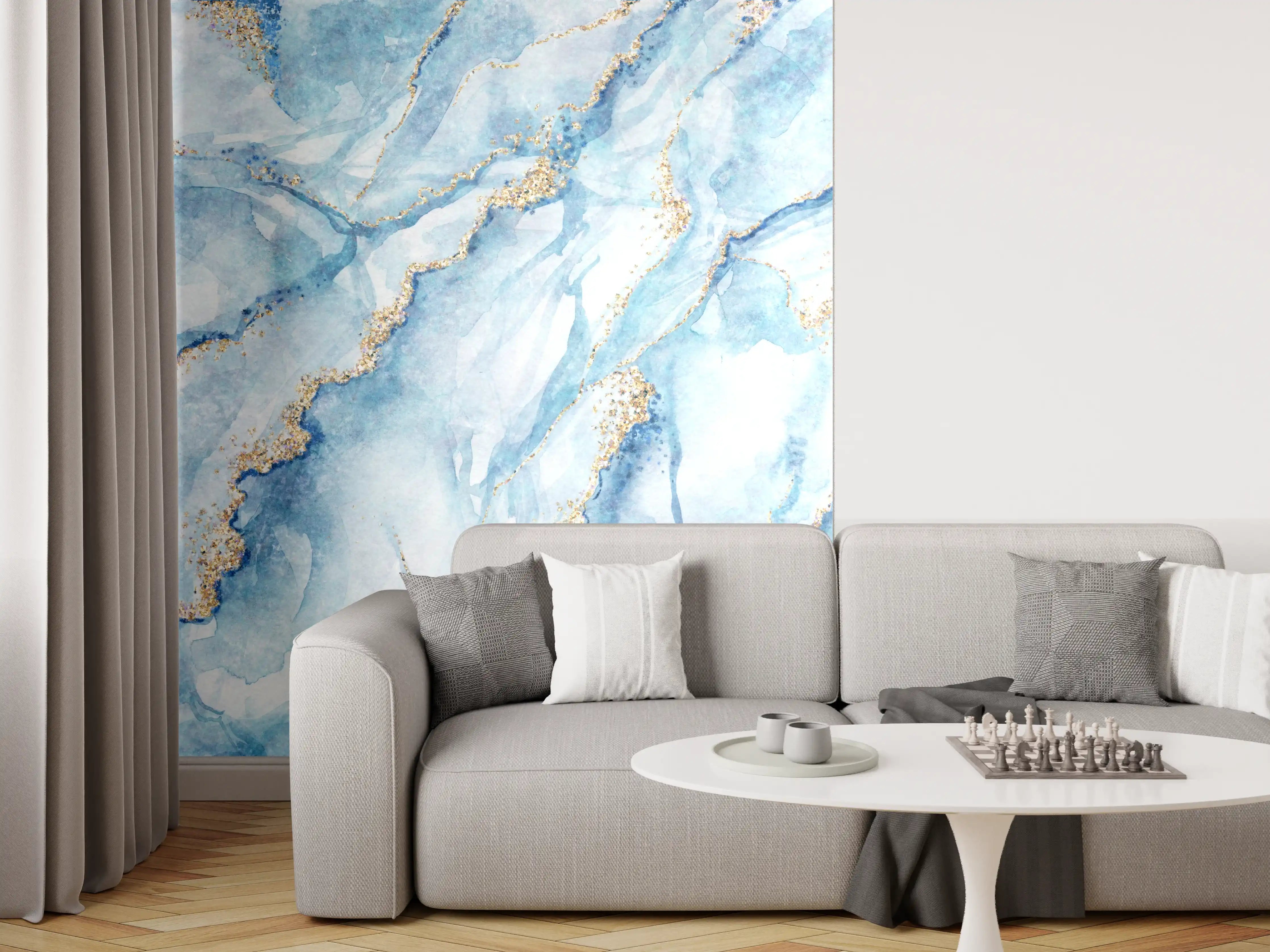 Wandverkleidung Wohnzimmer - Blaues Marmor Design mit Goldakzenten