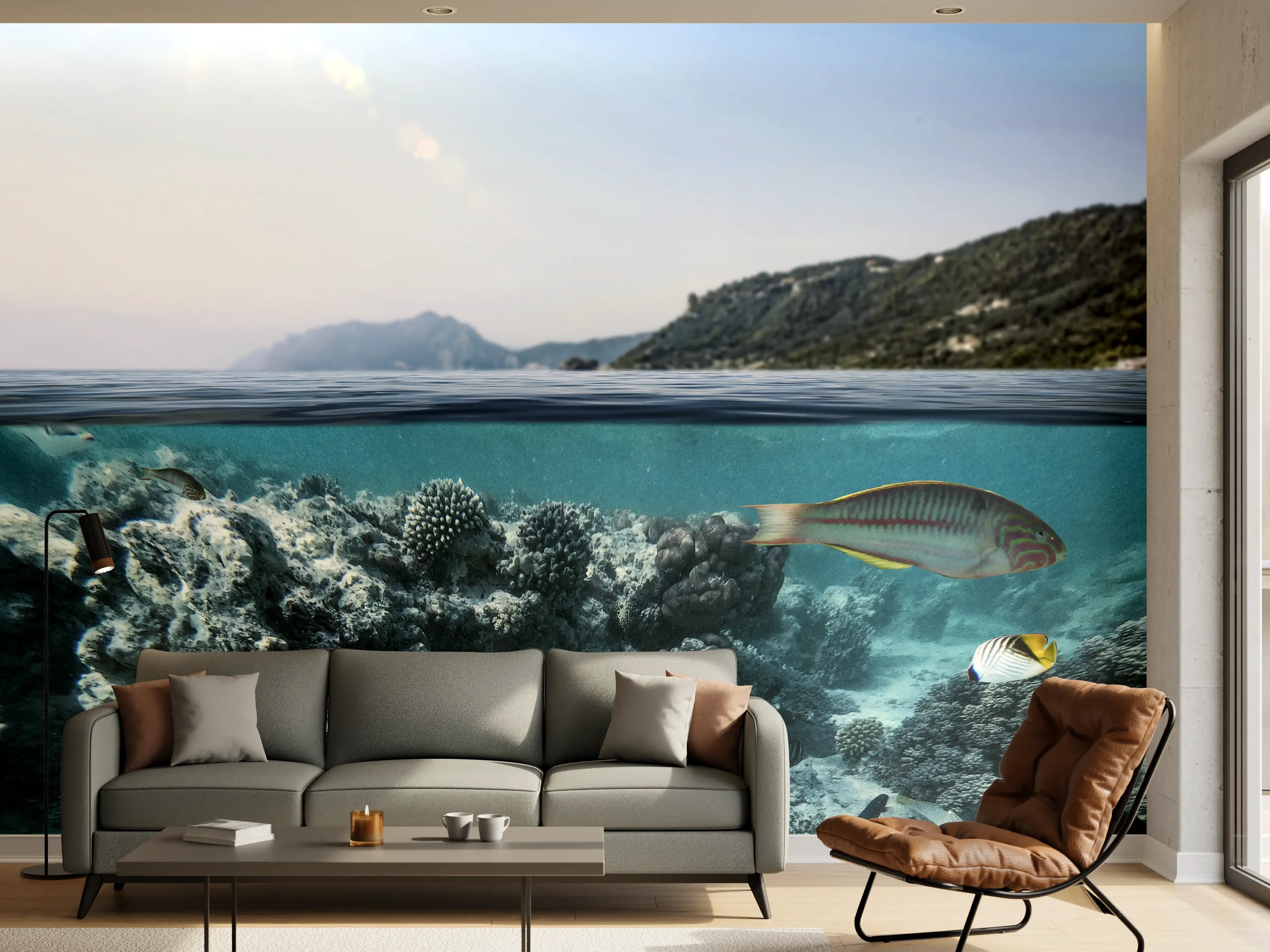 Wandverkleidung Wohnzimmer - Blaues Meer mit bunten Fischen und Korallen