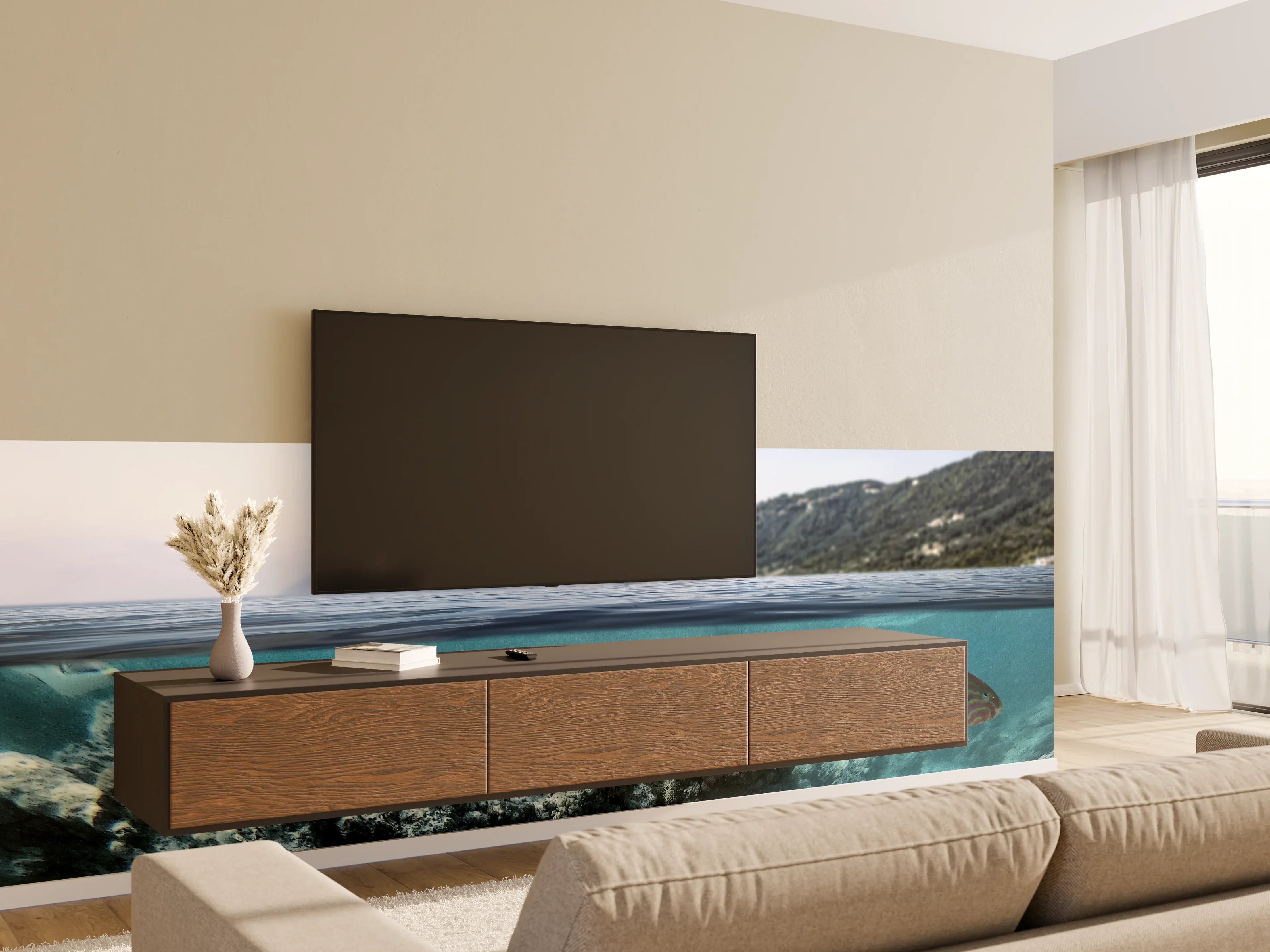 Wandverkleidung Wohnzimmer - Blaues Meer mit bunten Fischen und Korallen