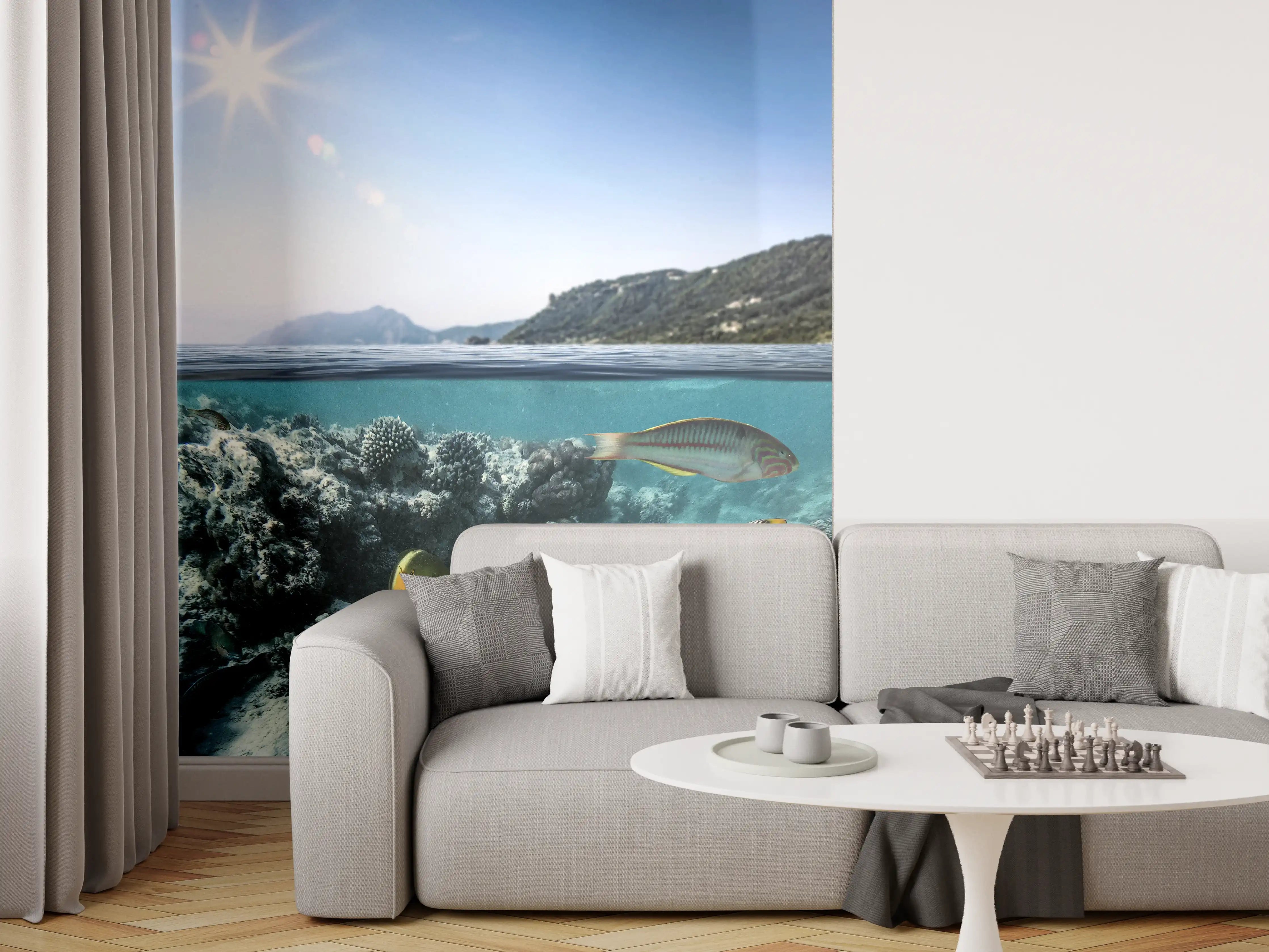 Wandverkleidung Wohnzimmer - Blaues Meer mit bunten Fischen und Korallen