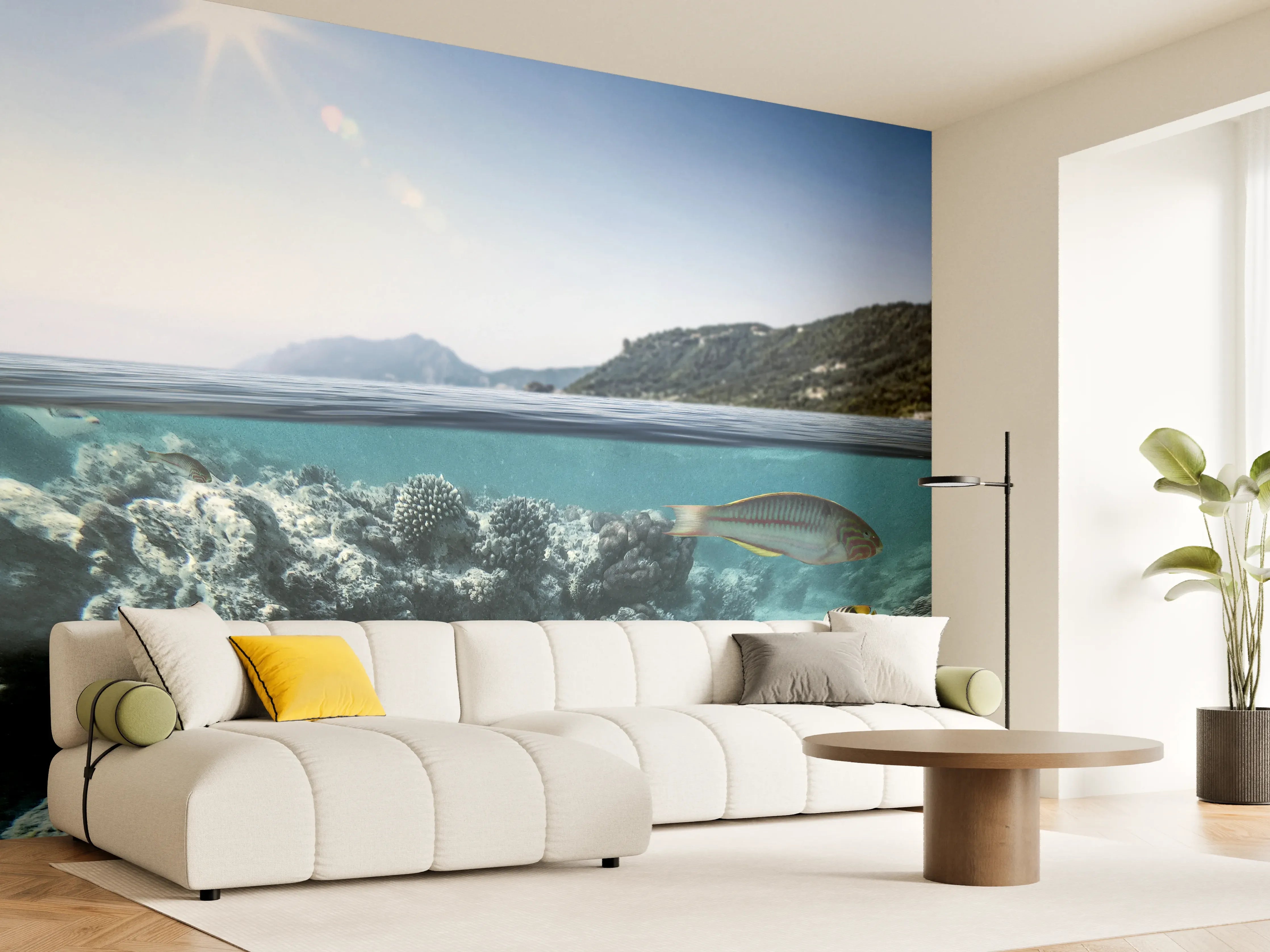 Wandverkleidung Wohnzimmer - Blaues Meer mit bunten Fischen und Korallen