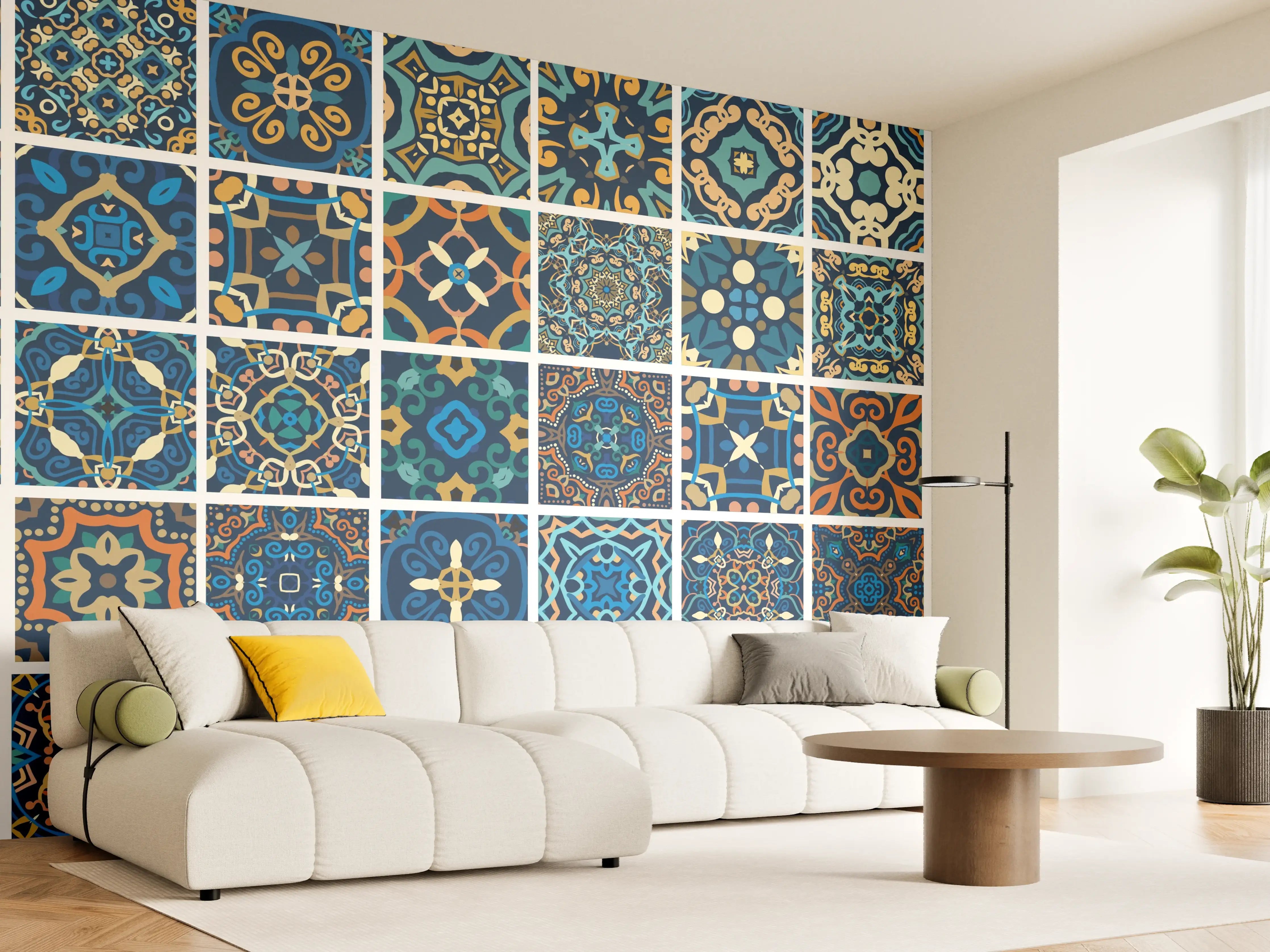 Wandverkleidung Wohnzimmer - Blaues Orientalisches Fliesenmuster