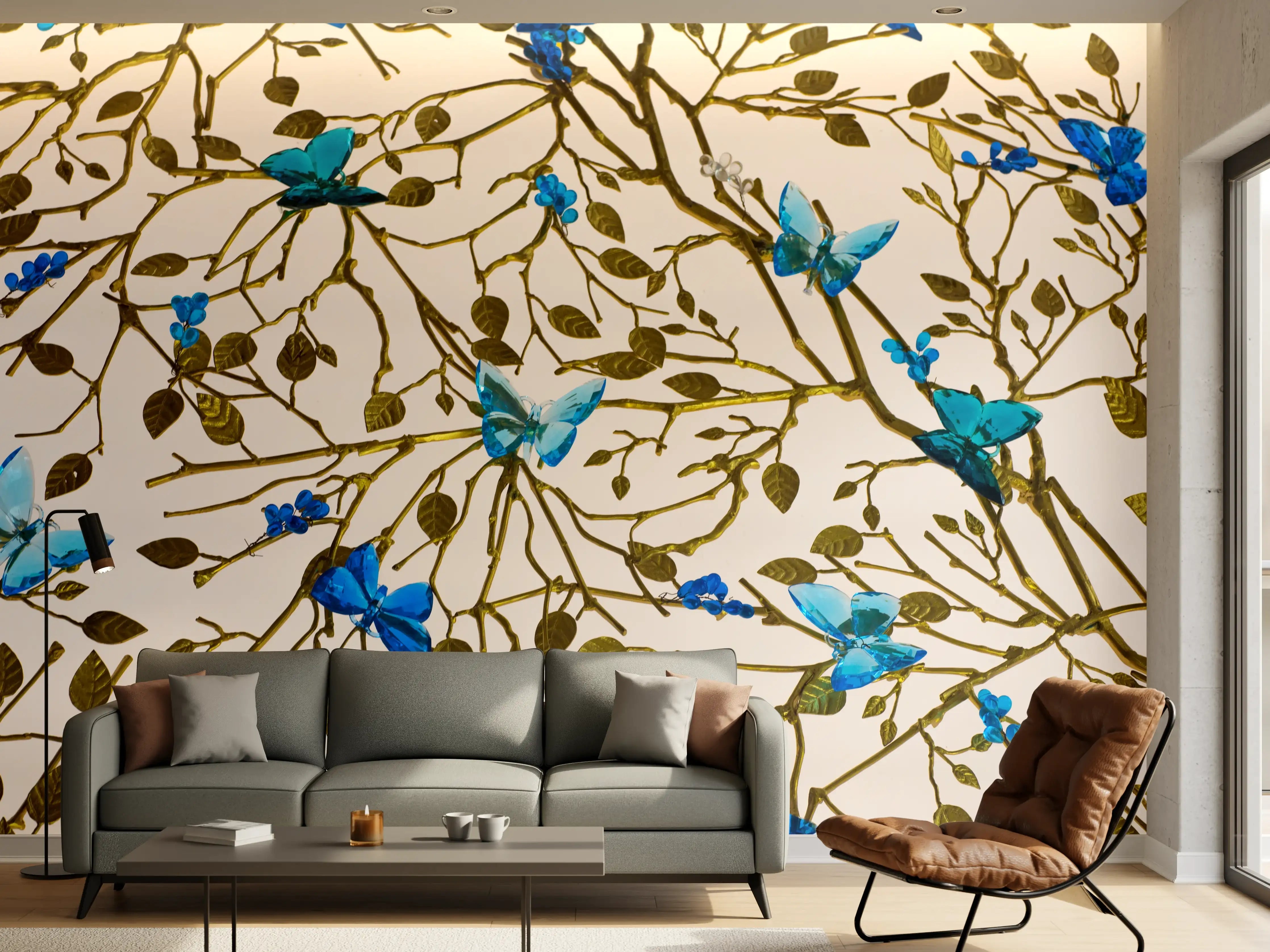 Wandverkleidung Wohnzimmer - Blaues Schmetterlingsmuster auf eleganter Oberfläche