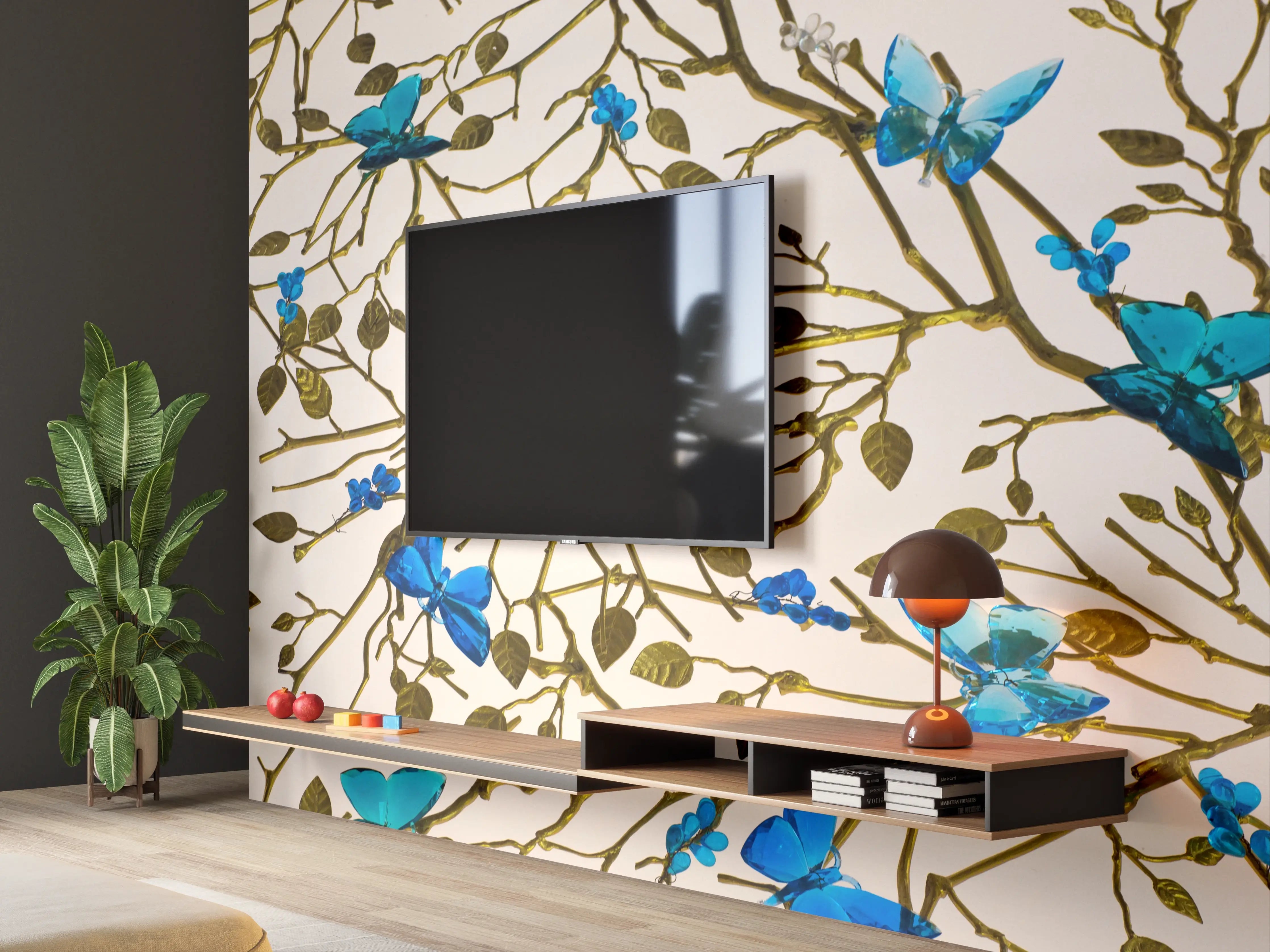 Wandverkleidung Wohnzimmer - Blaues Schmetterlingsmuster auf eleganter Oberfläche
