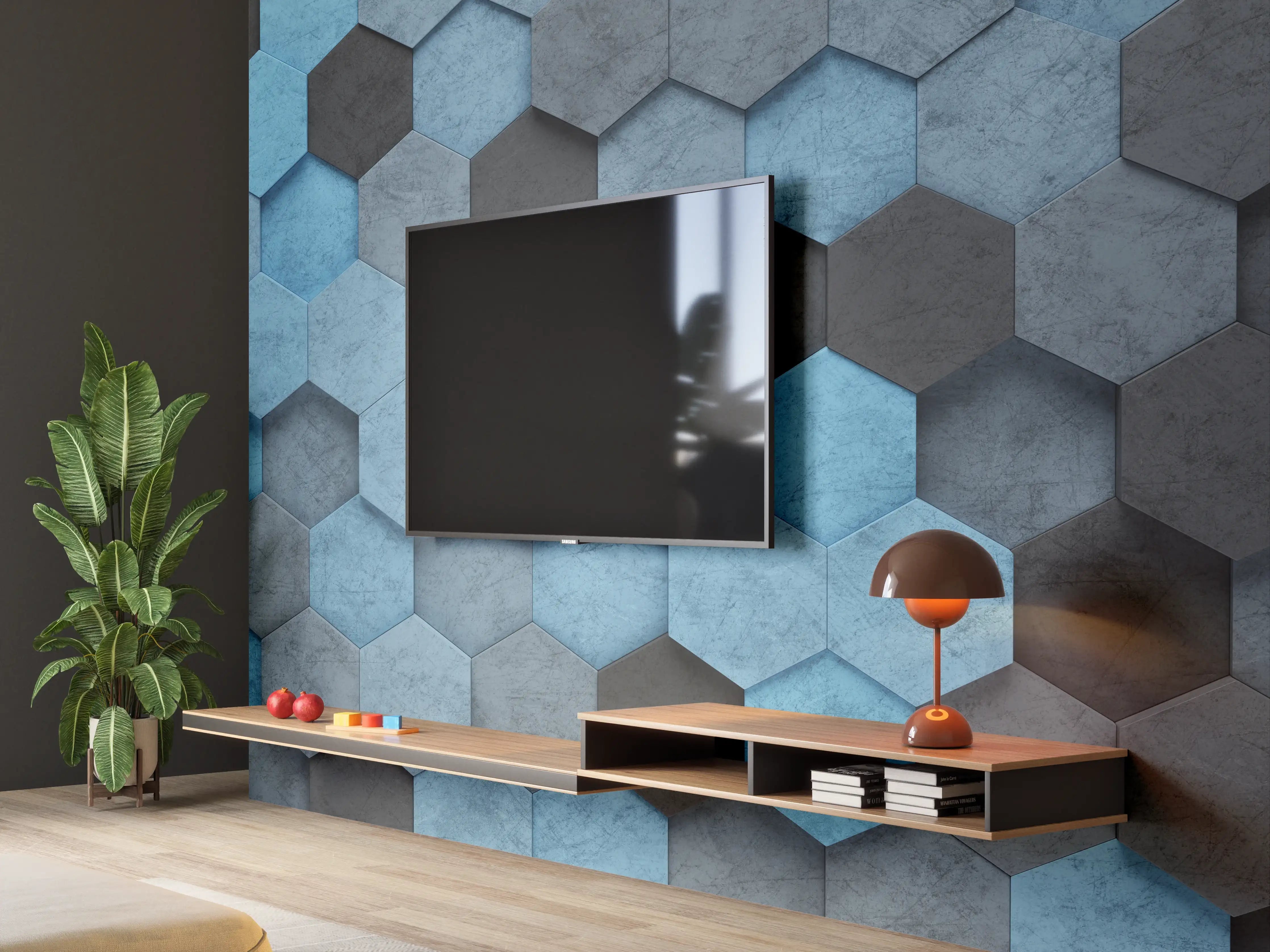 Wandverkleidung Wohnzimmer - Blaues Sechseck 3D Muster