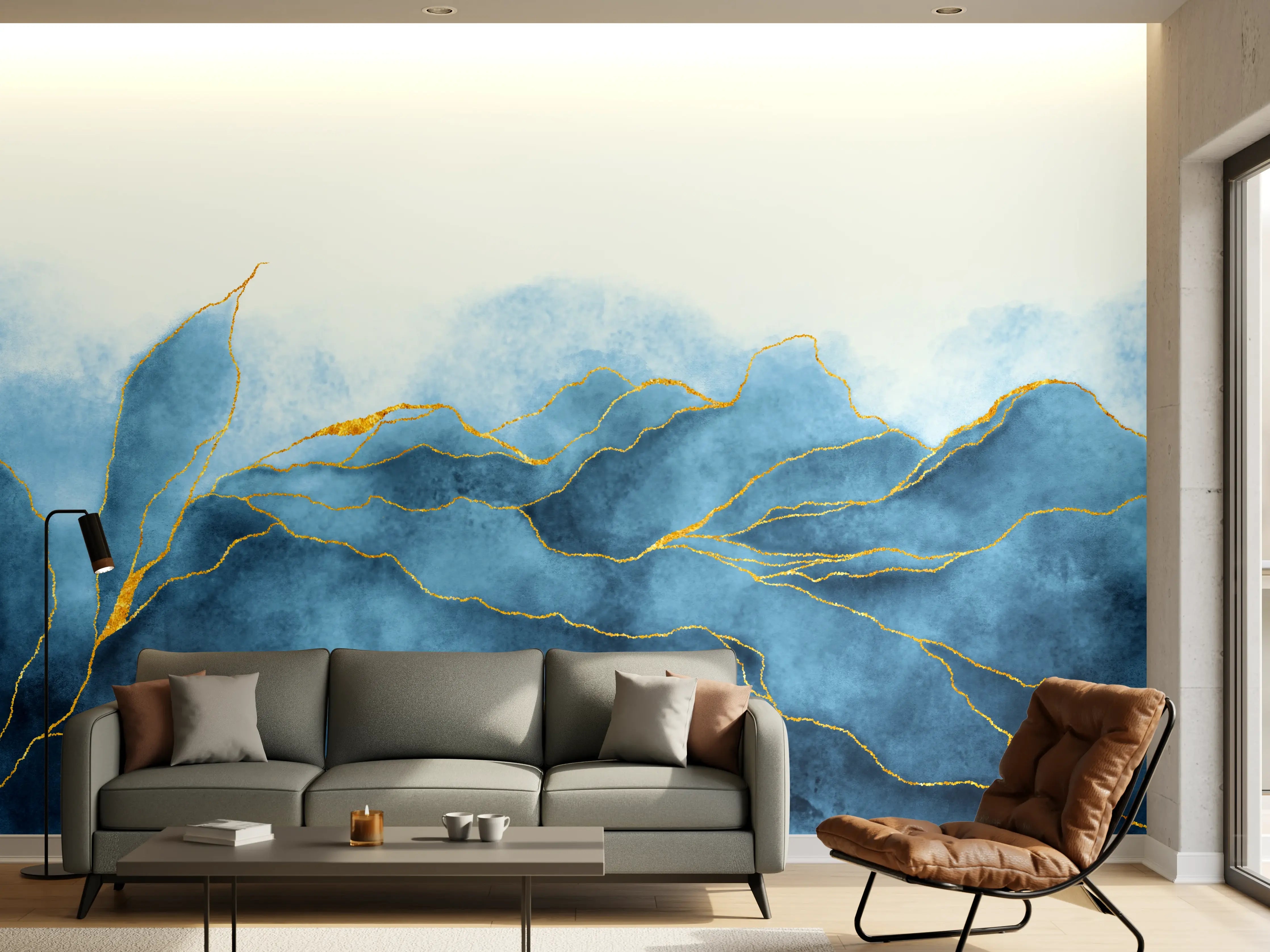 Wandverkleidung Wohnzimmer - Blaues Wasser mit goldenen Linien im minimalistischen Stil