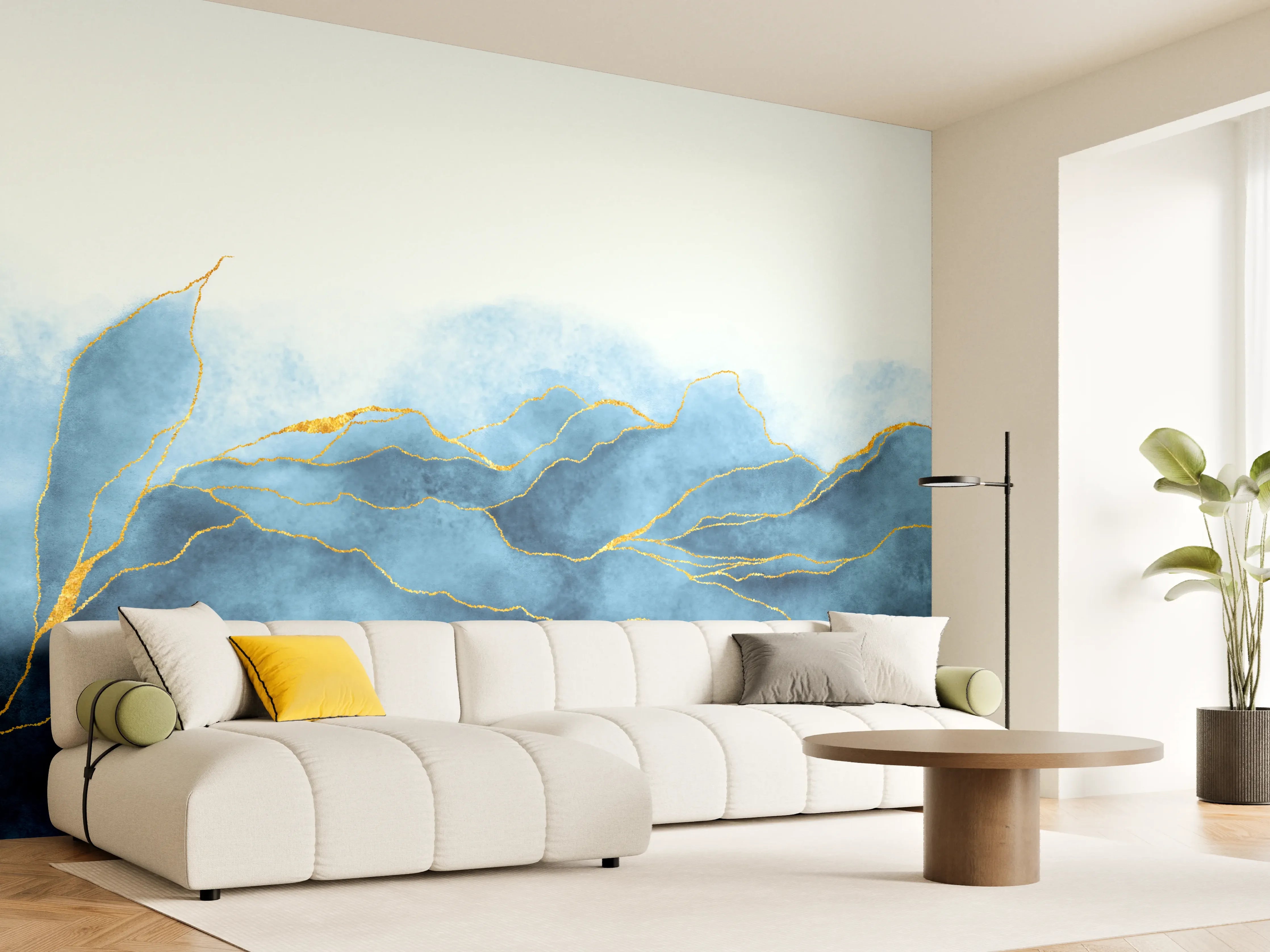 Wandverkleidung Wohnzimmer - Blaues Wasser mit goldenen Linien im minimalistischen Stil