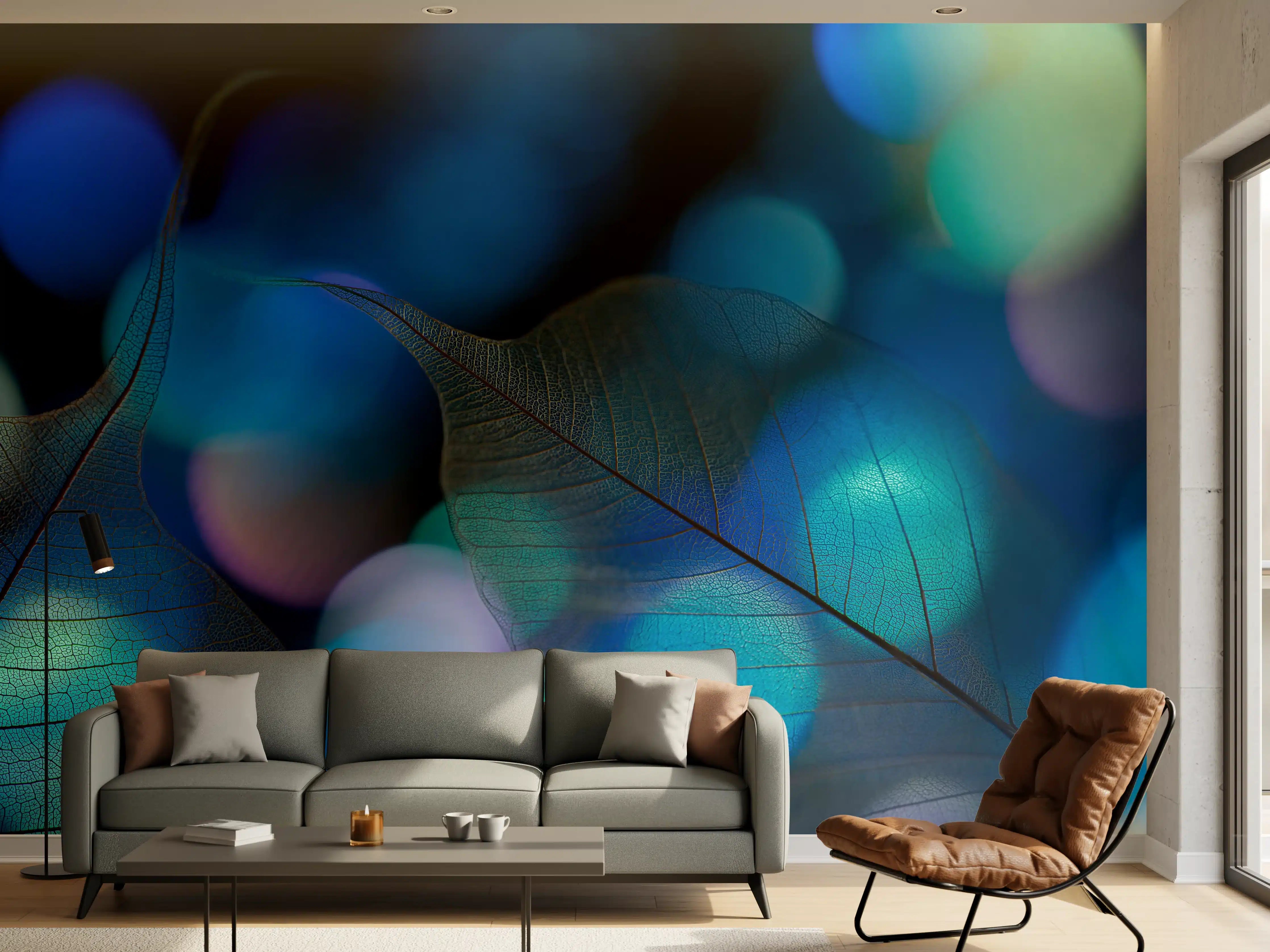 Wandverkleidung Wohnzimmer - Blaugrün Lichtspiel Blatttextur