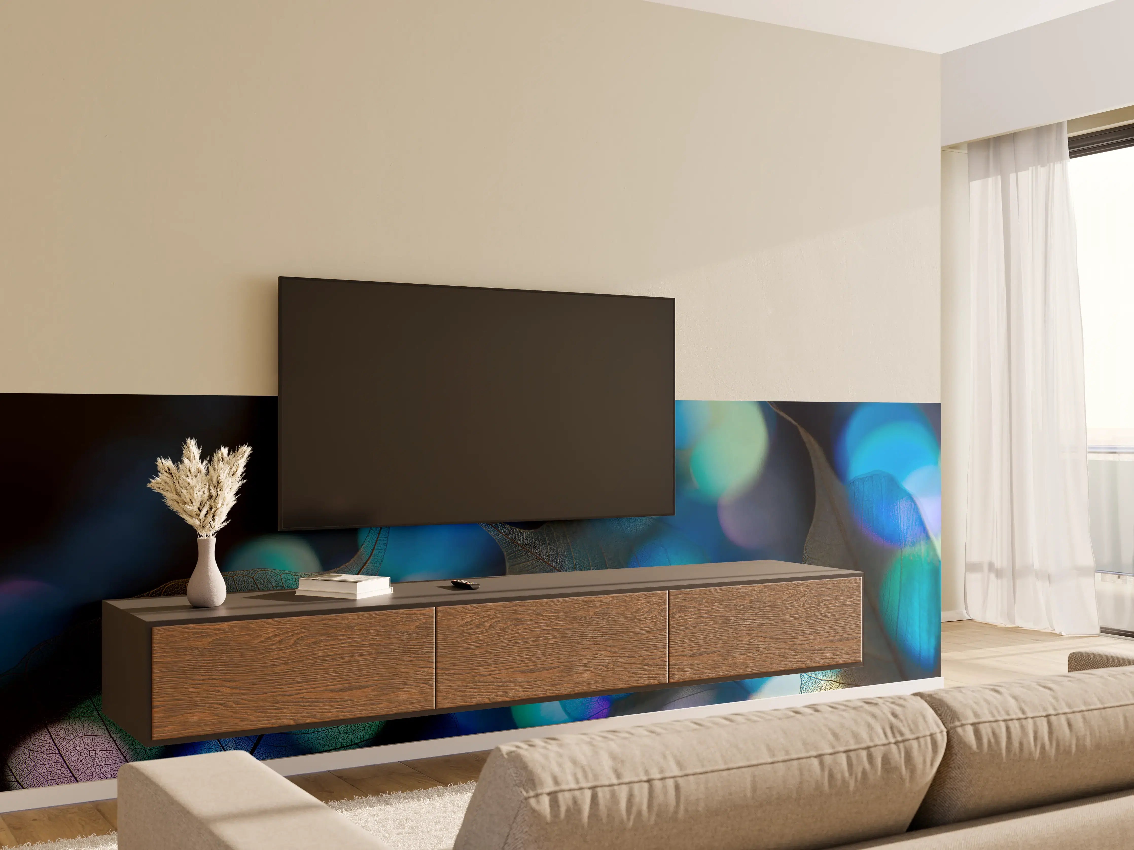 Wandverkleidung Wohnzimmer - Blaugrün Lichtspiel Blatttextur