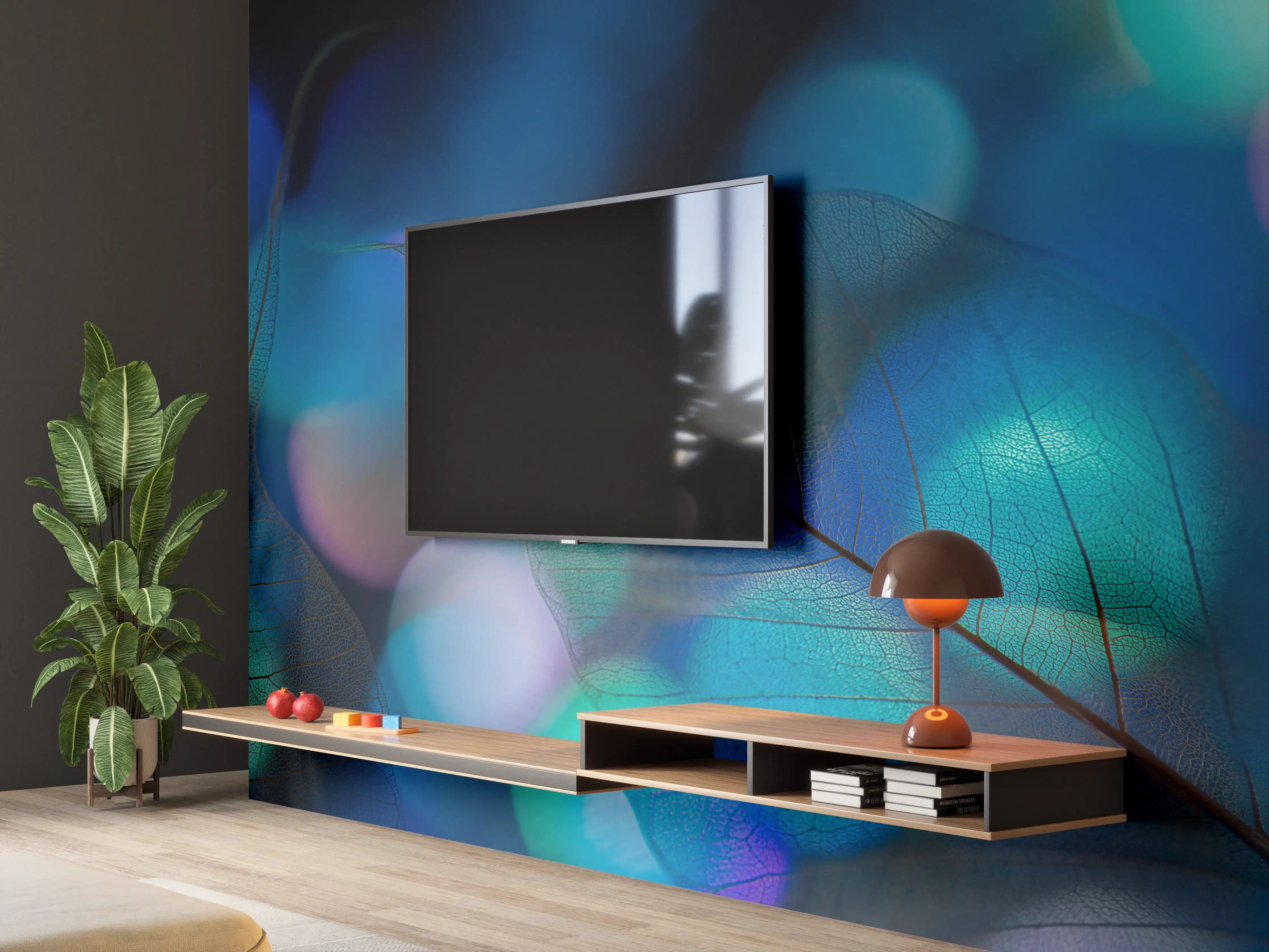 Wandverkleidung Wohnzimmer - Blaugrün Lichtspiel Blatttextur