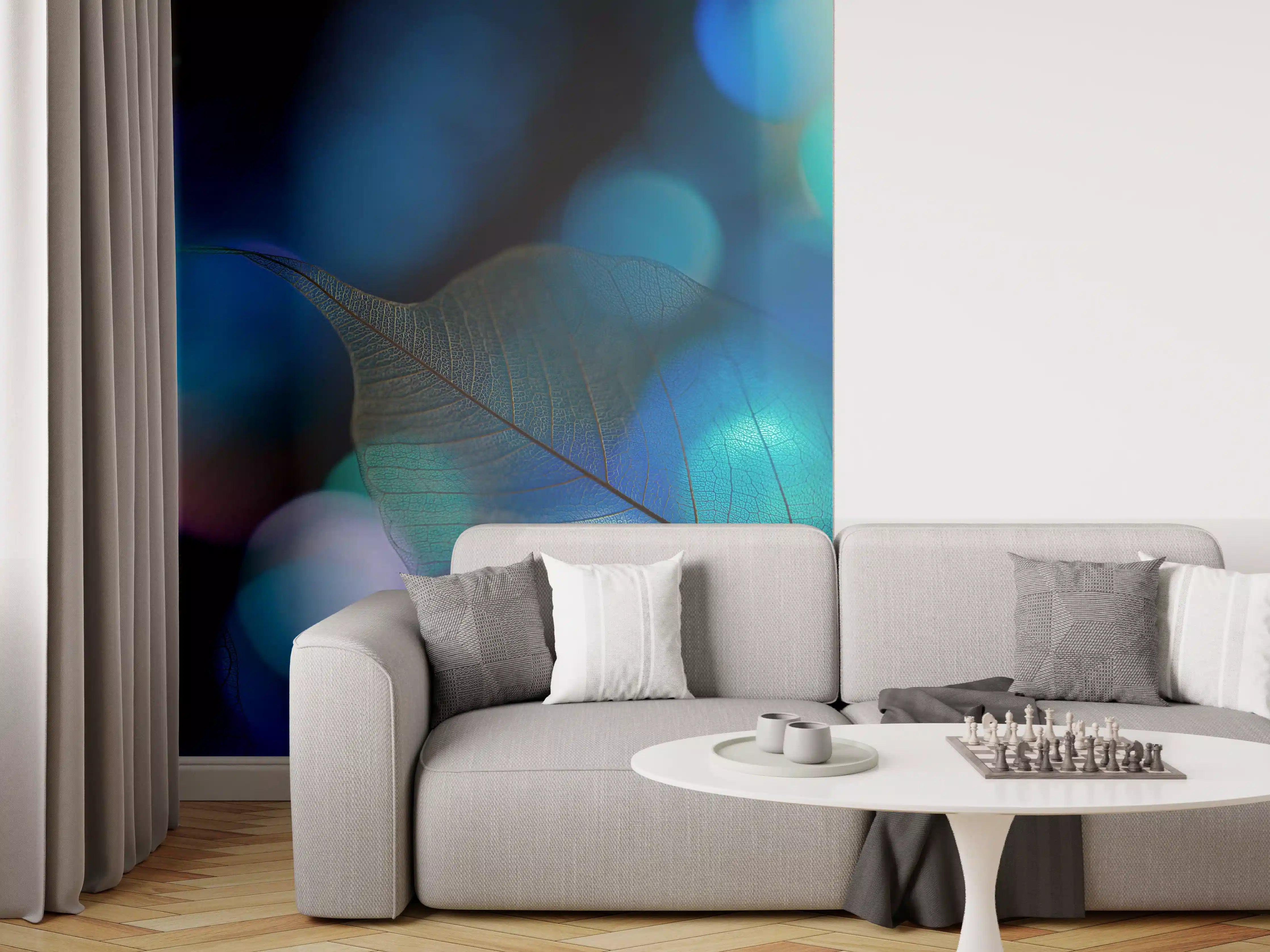 Wandverkleidung Wohnzimmer - Blaugrün Lichtspiel Blatttextur