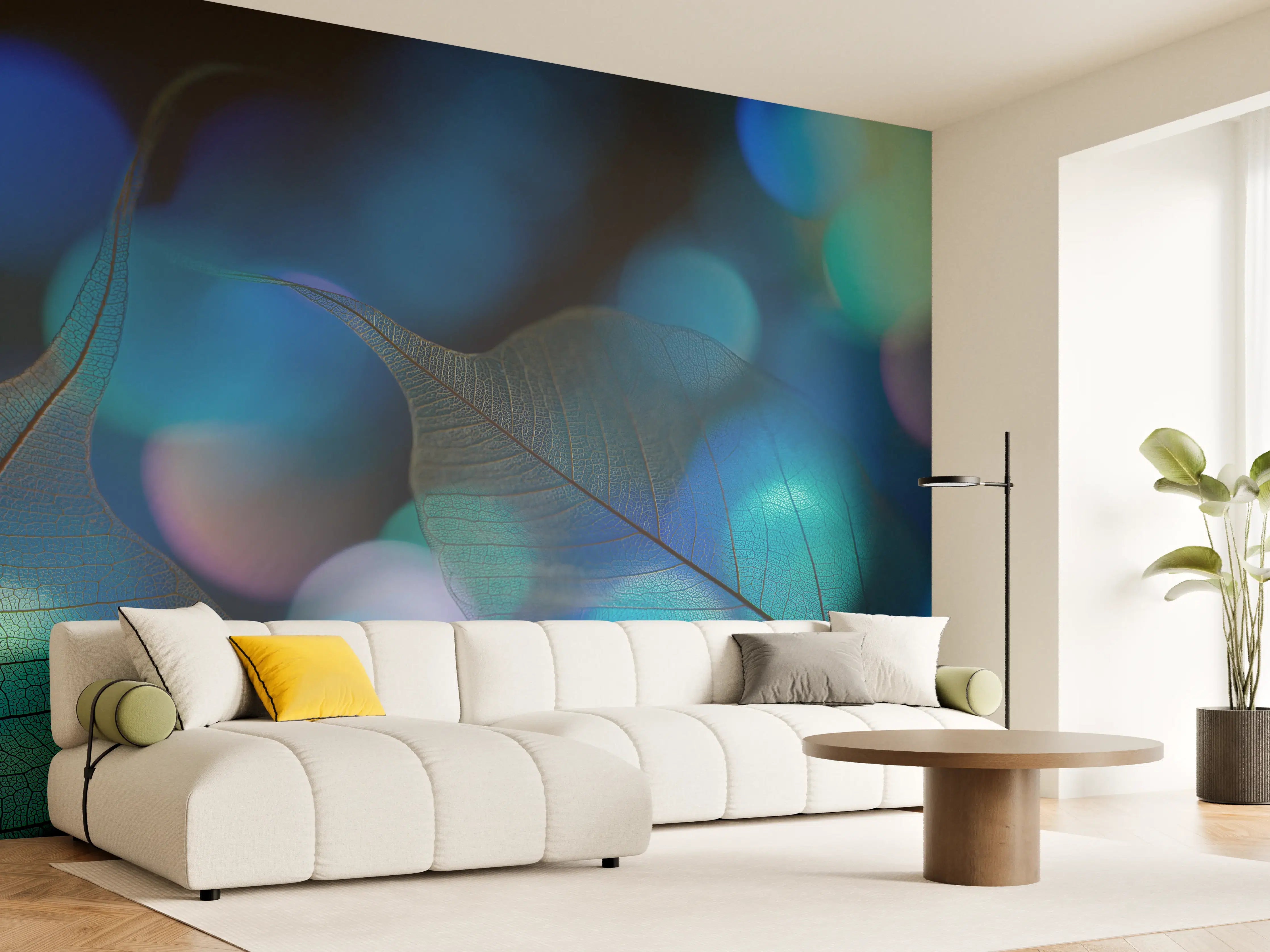 Wandverkleidung Wohnzimmer - Blaugrün Lichtspiel Blatttextur