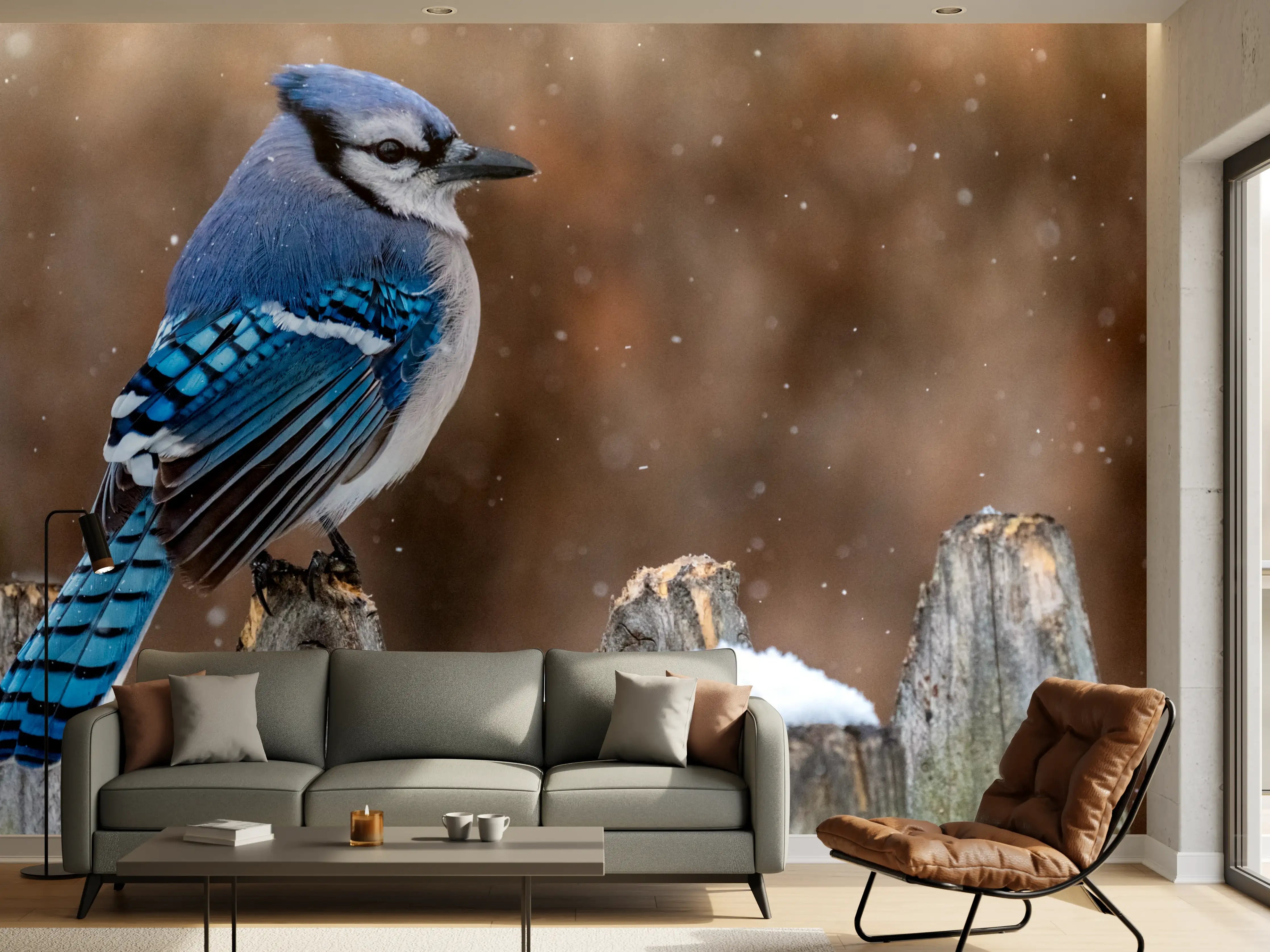 Wandverkleidung Wohnzimmer - Blauhäher im Schnee