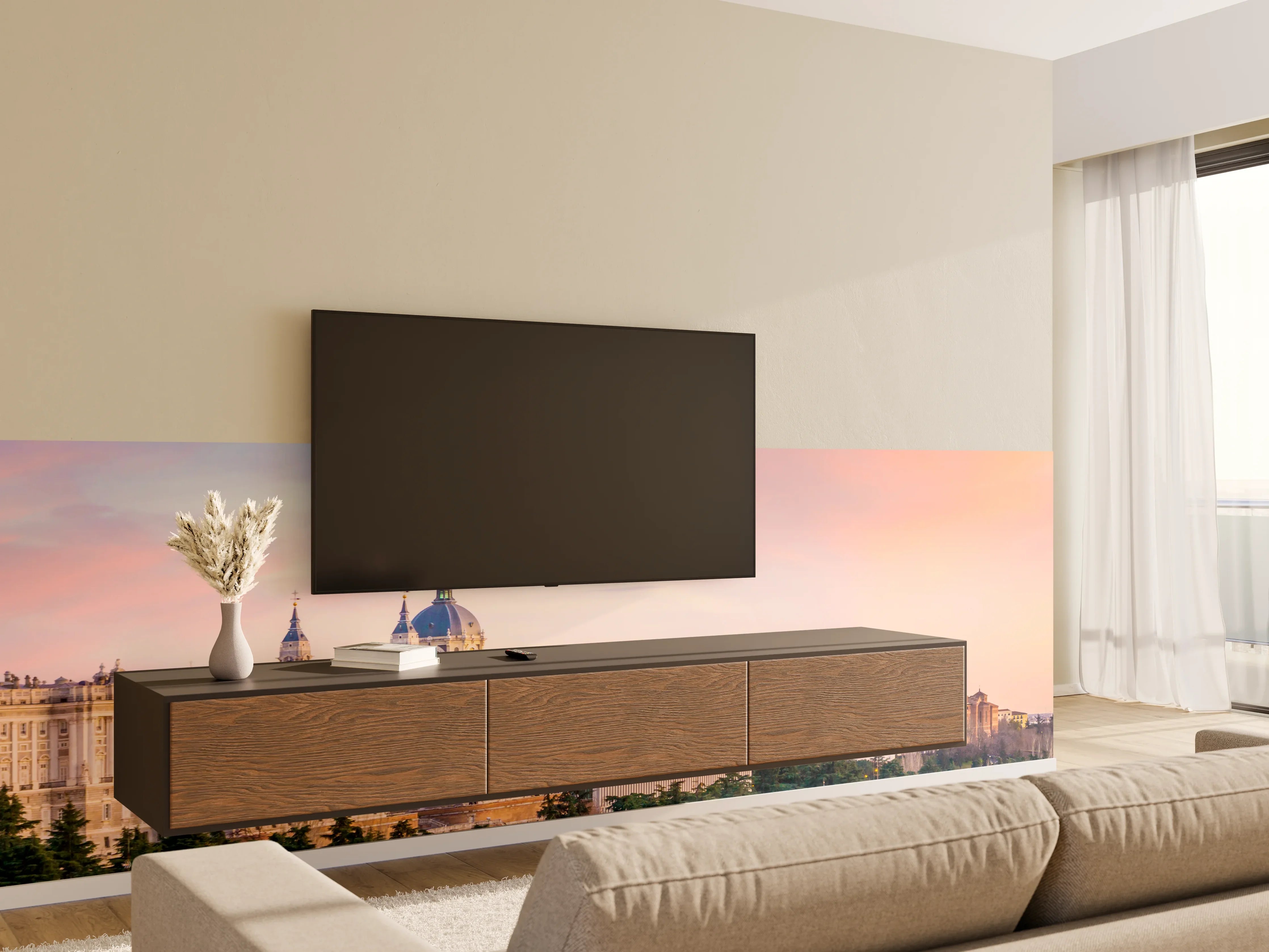 Wandverkleidung Wohnzimmer - Blick auf Madrid bei Sonnenuntergang