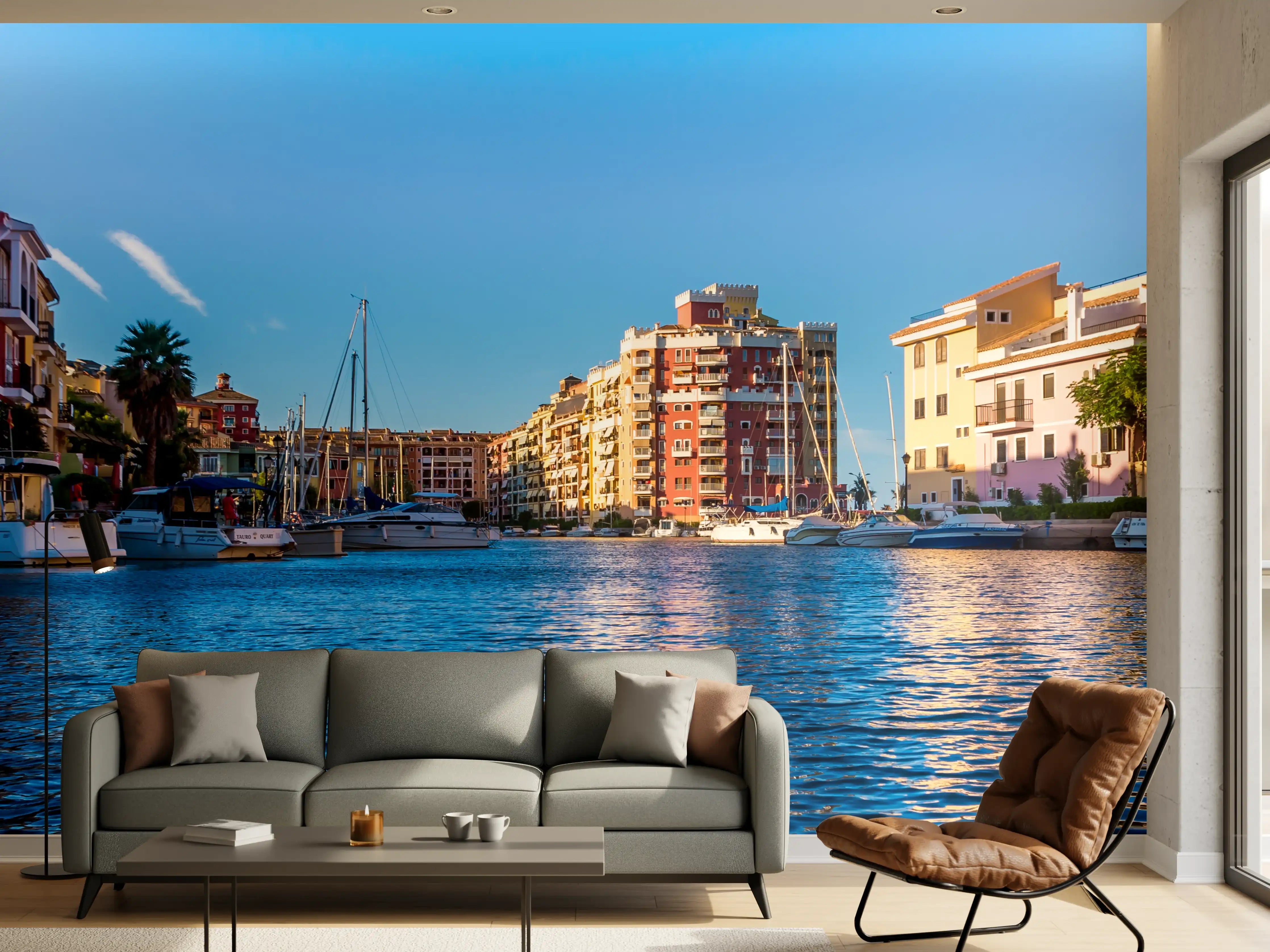 Wandverkleidung Wohnzimmer - Blick auf den Hafen bei Sonnenuntergang