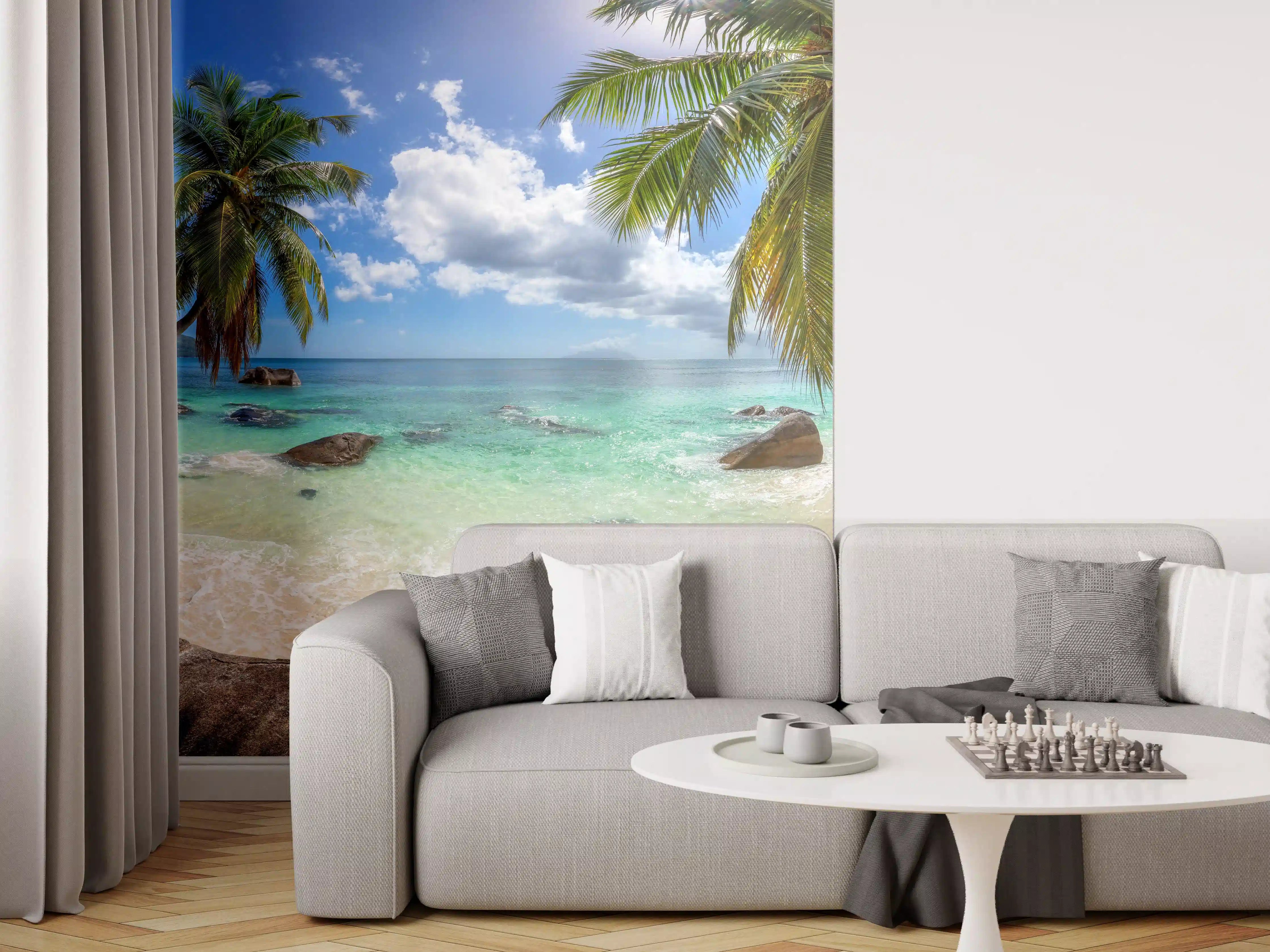 Wandverkleidung Wohnzimmer - Blick auf den schönen tropischen Strand