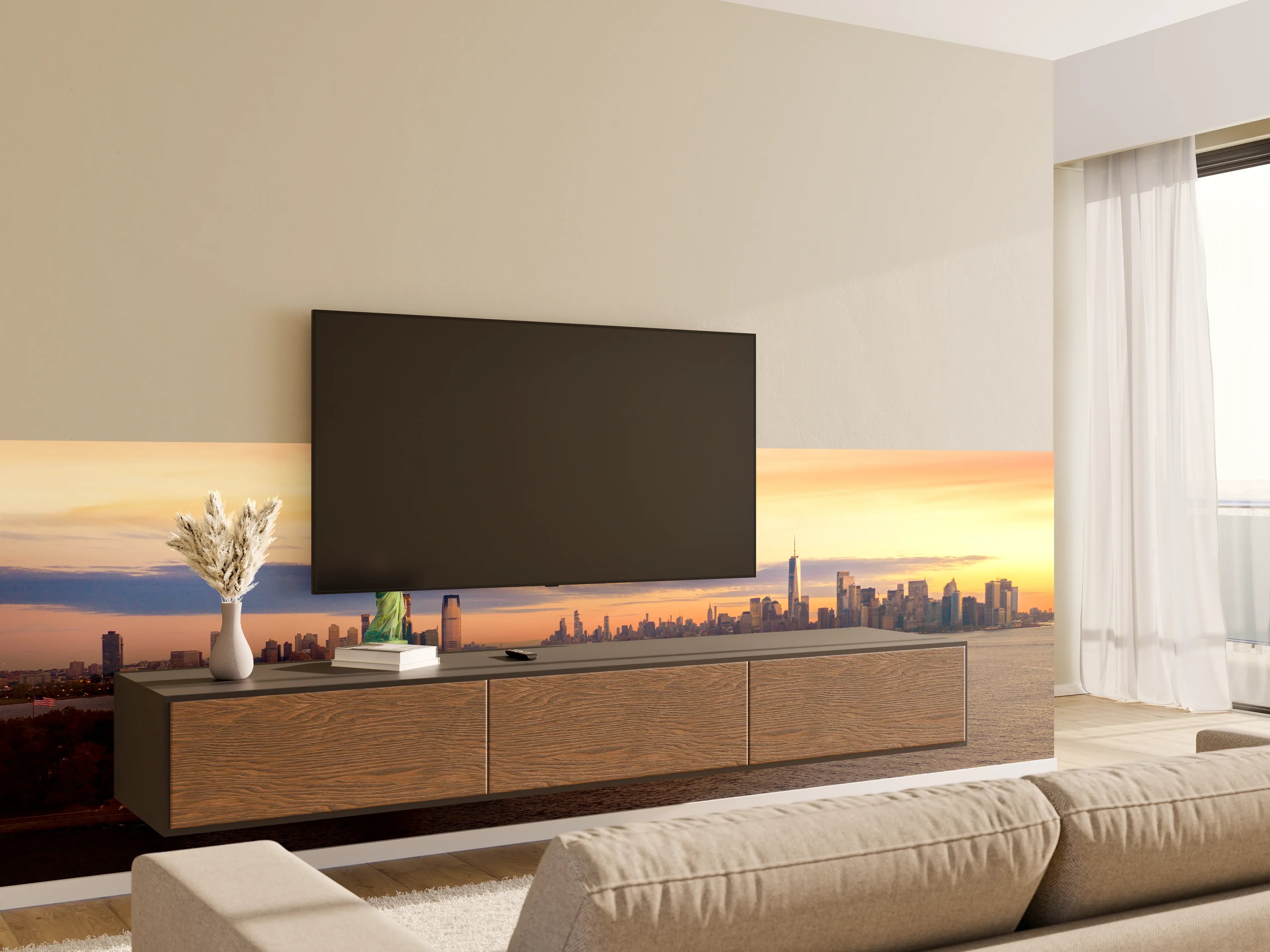 Wandverkleidung Wohnzimmer - Blick auf die Skyline von New York bei Sonnenuntergang