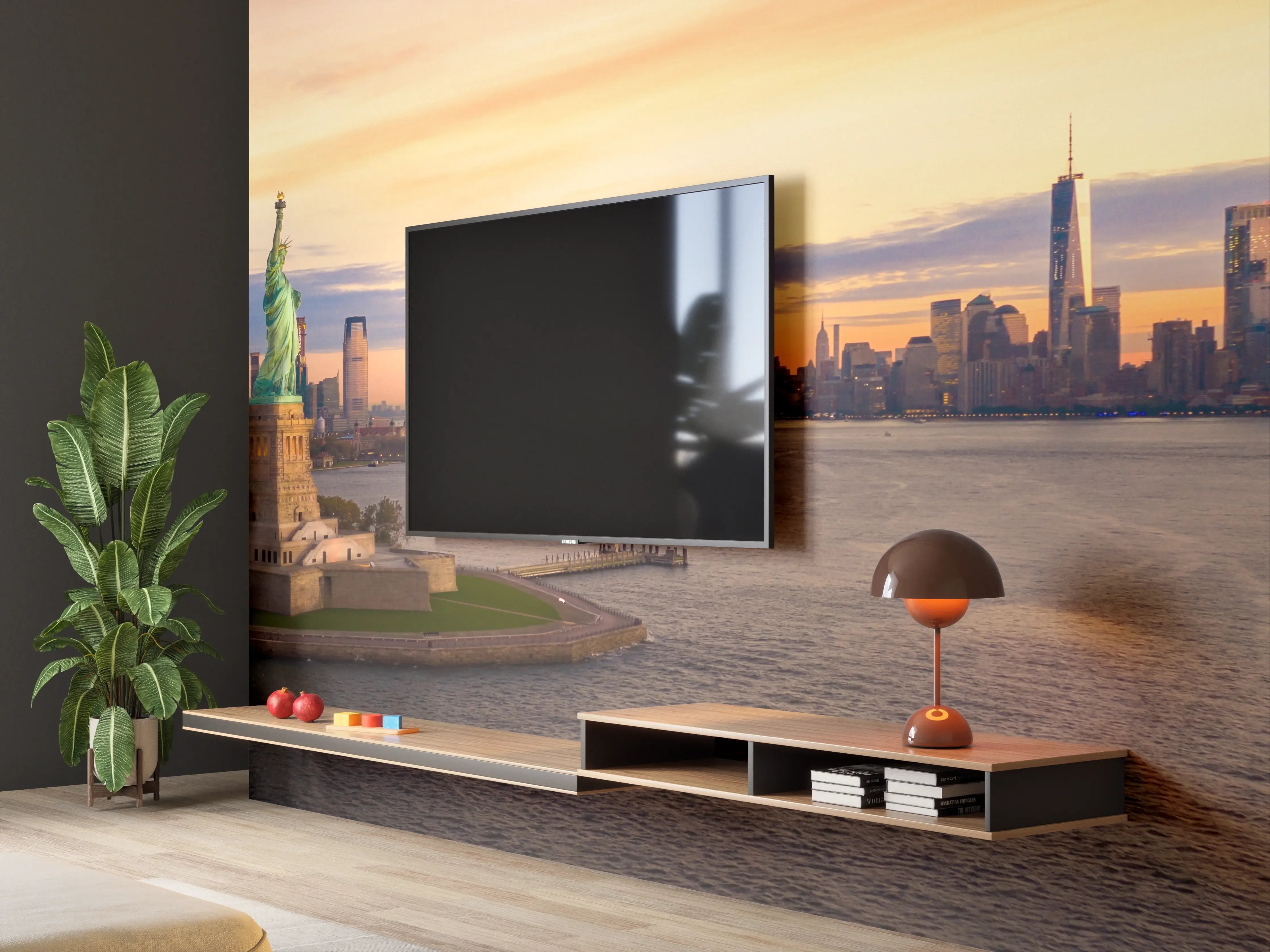 Wandverkleidung Wohnzimmer - Blick auf die Skyline von New York bei Sonnenuntergang