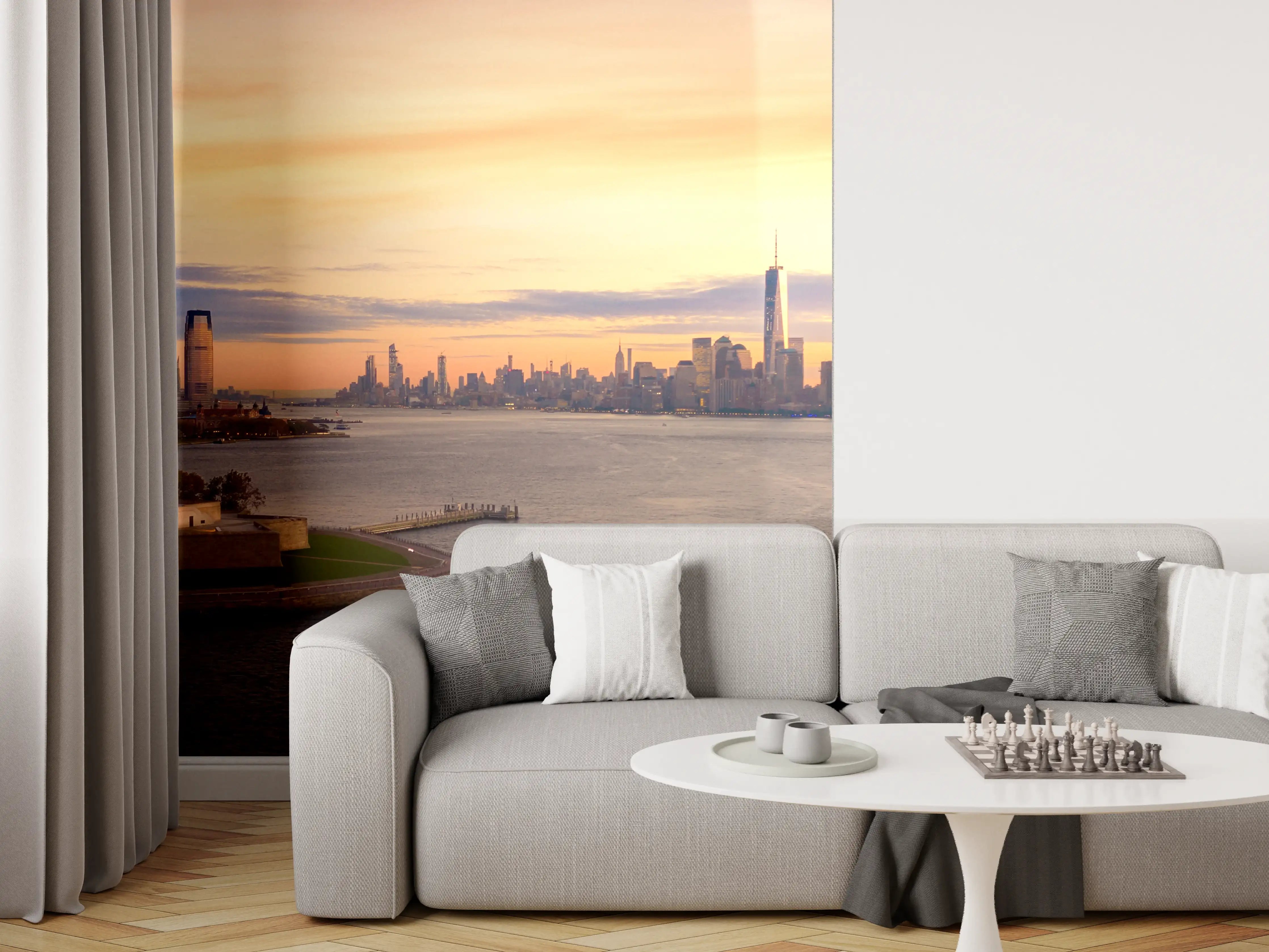 Wandverkleidung Wohnzimmer - Blick auf die Skyline von New York bei Sonnenuntergang