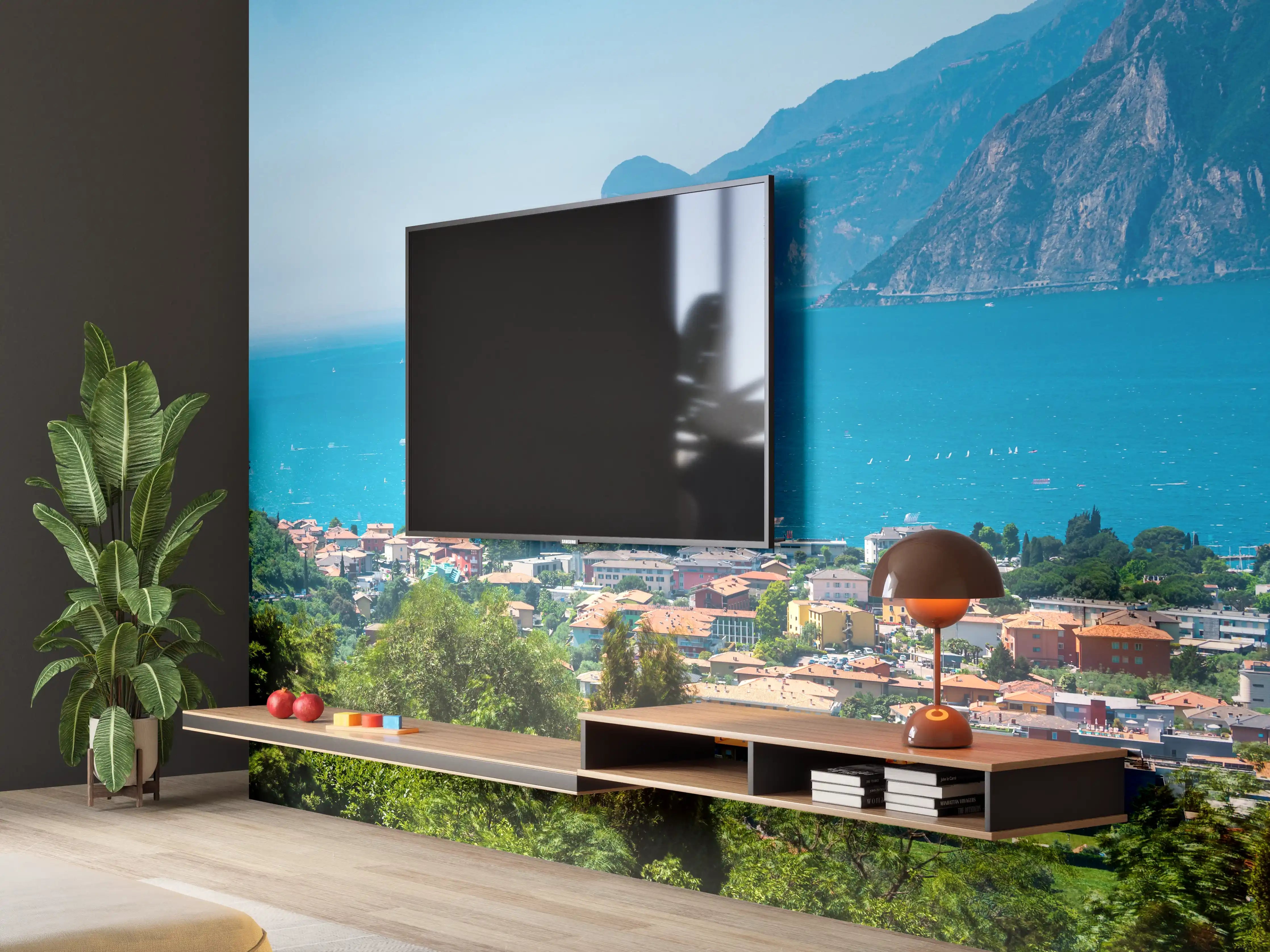 Wandverkleidung Wohnzimmer - Blick ins Grau: See und Berge im Licht