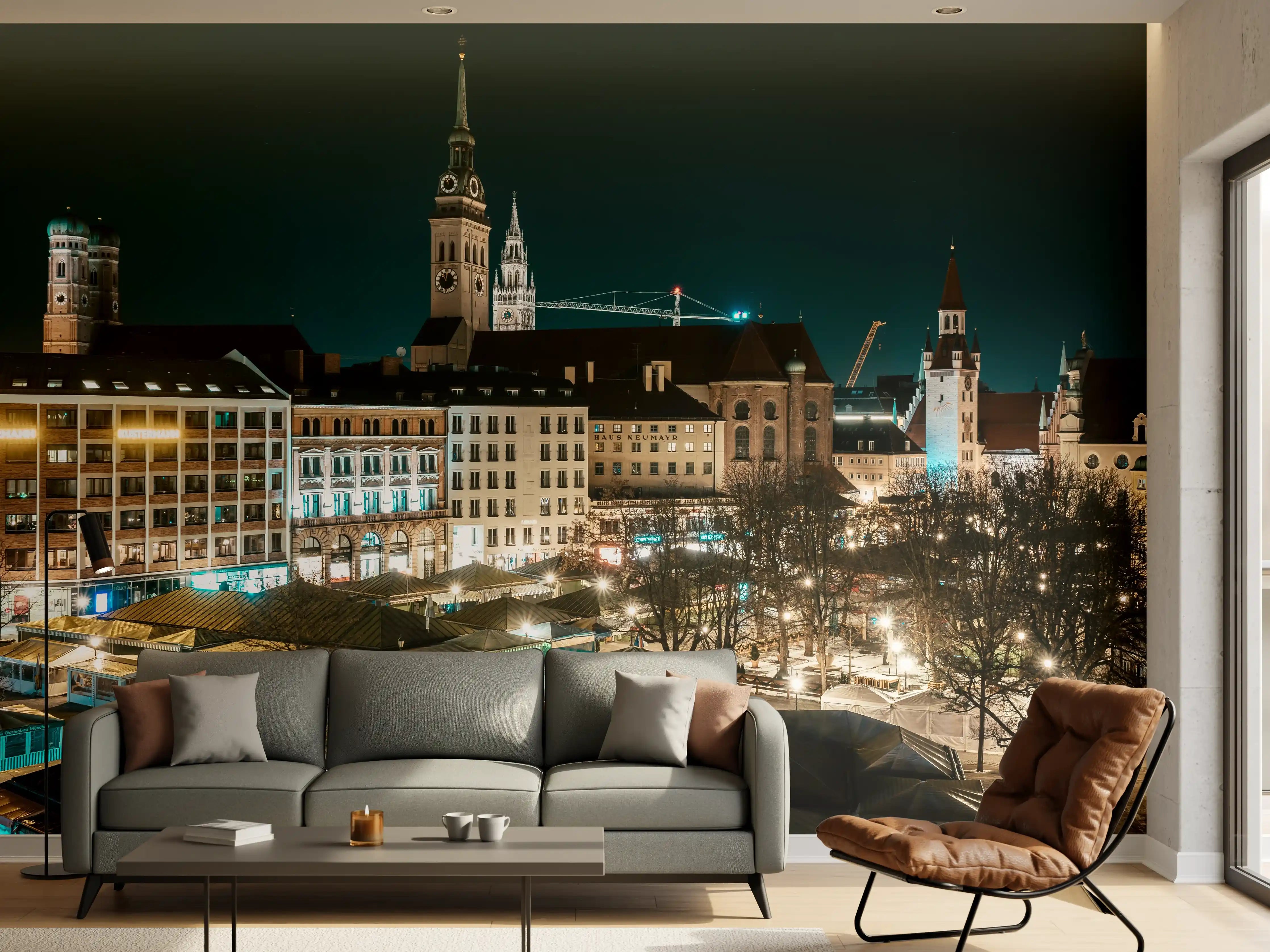 Wandverkleidung Wohnzimmer - Blick über den Viktualienmarkt zur Frauenkirche - München
