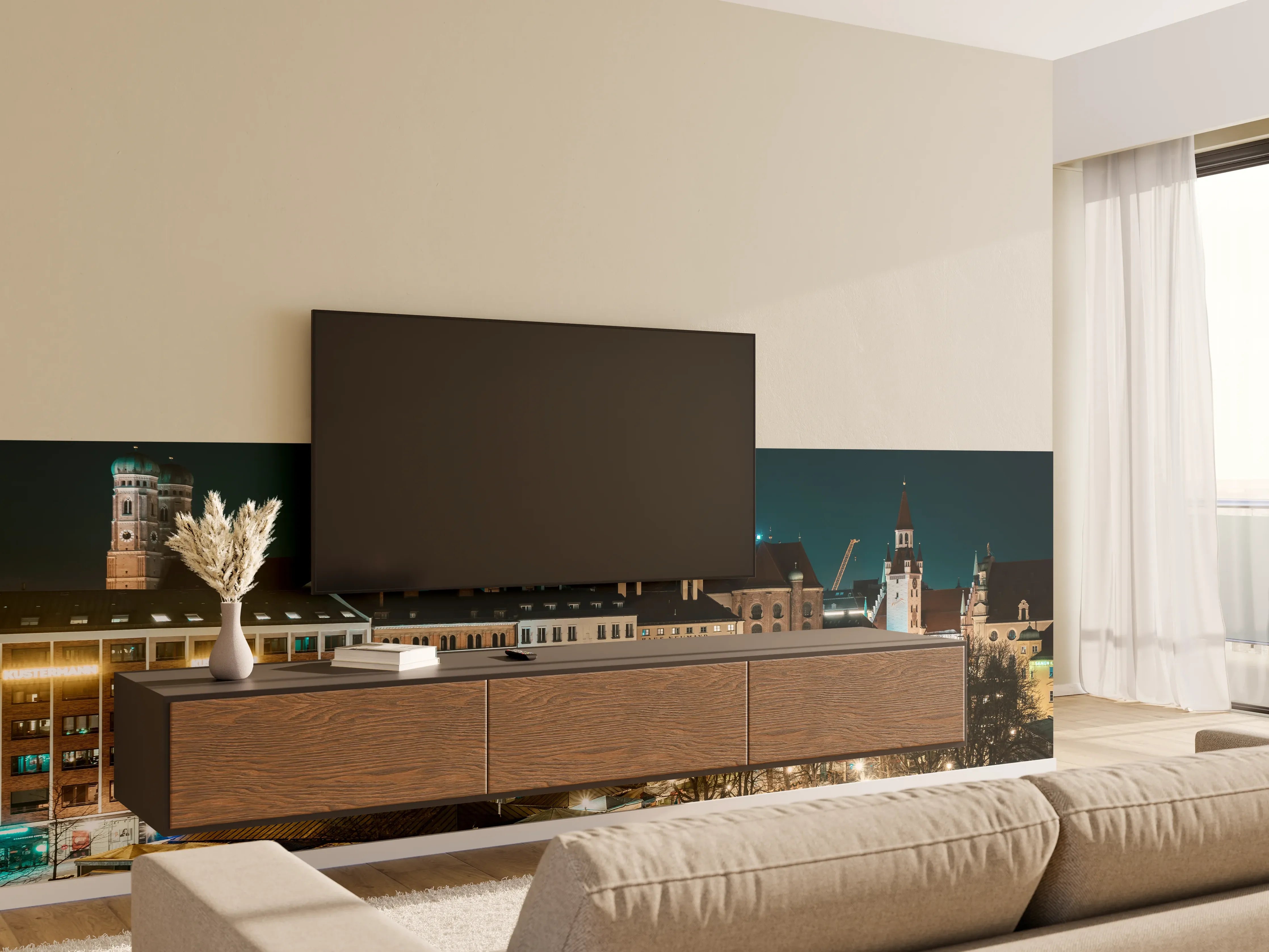 Wandverkleidung Wohnzimmer - Blick über den Viktualienmarkt zur Frauenkirche - München