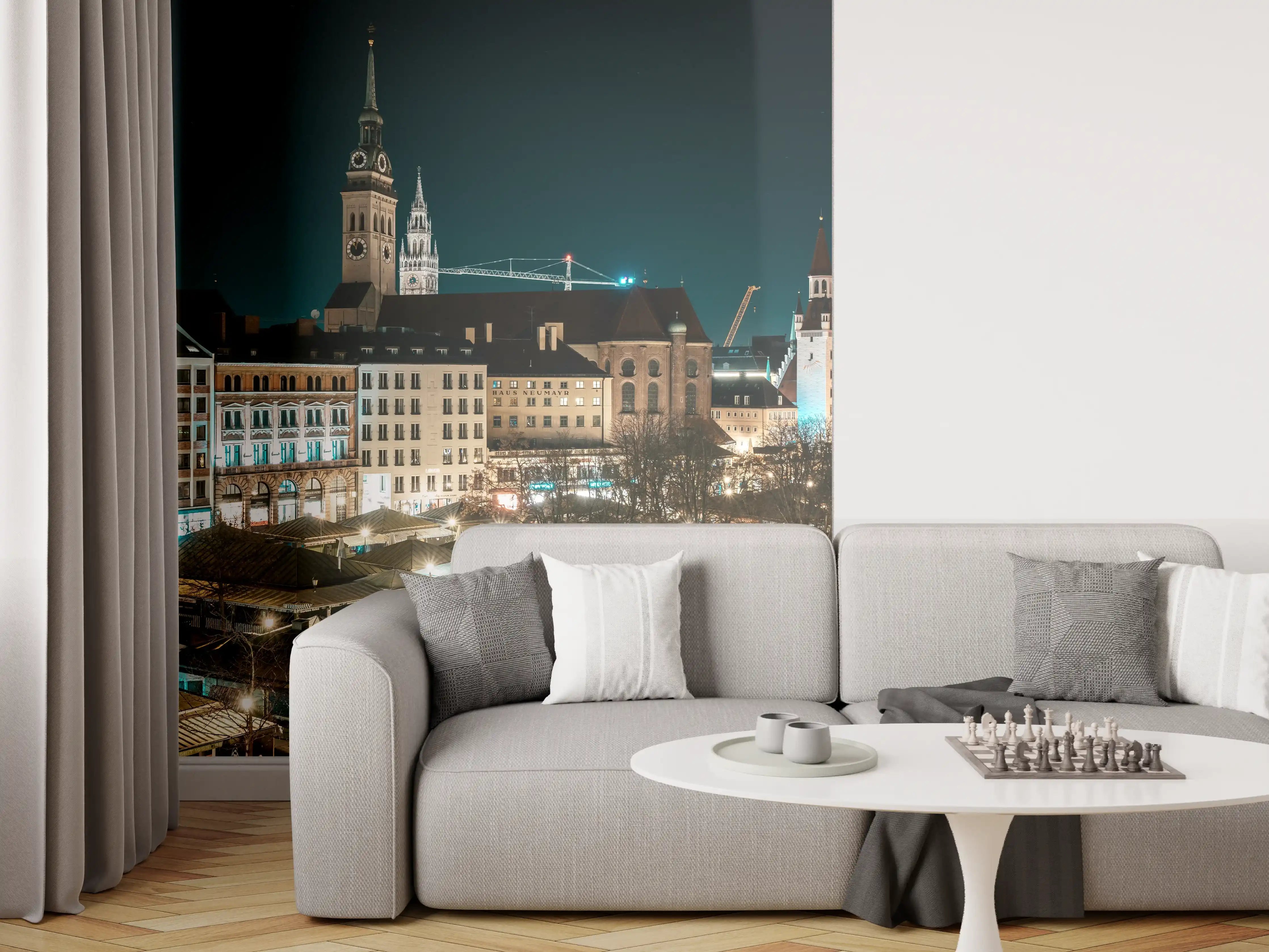 Wandverkleidung Wohnzimmer - Blick über den Viktualienmarkt zur Frauenkirche - München