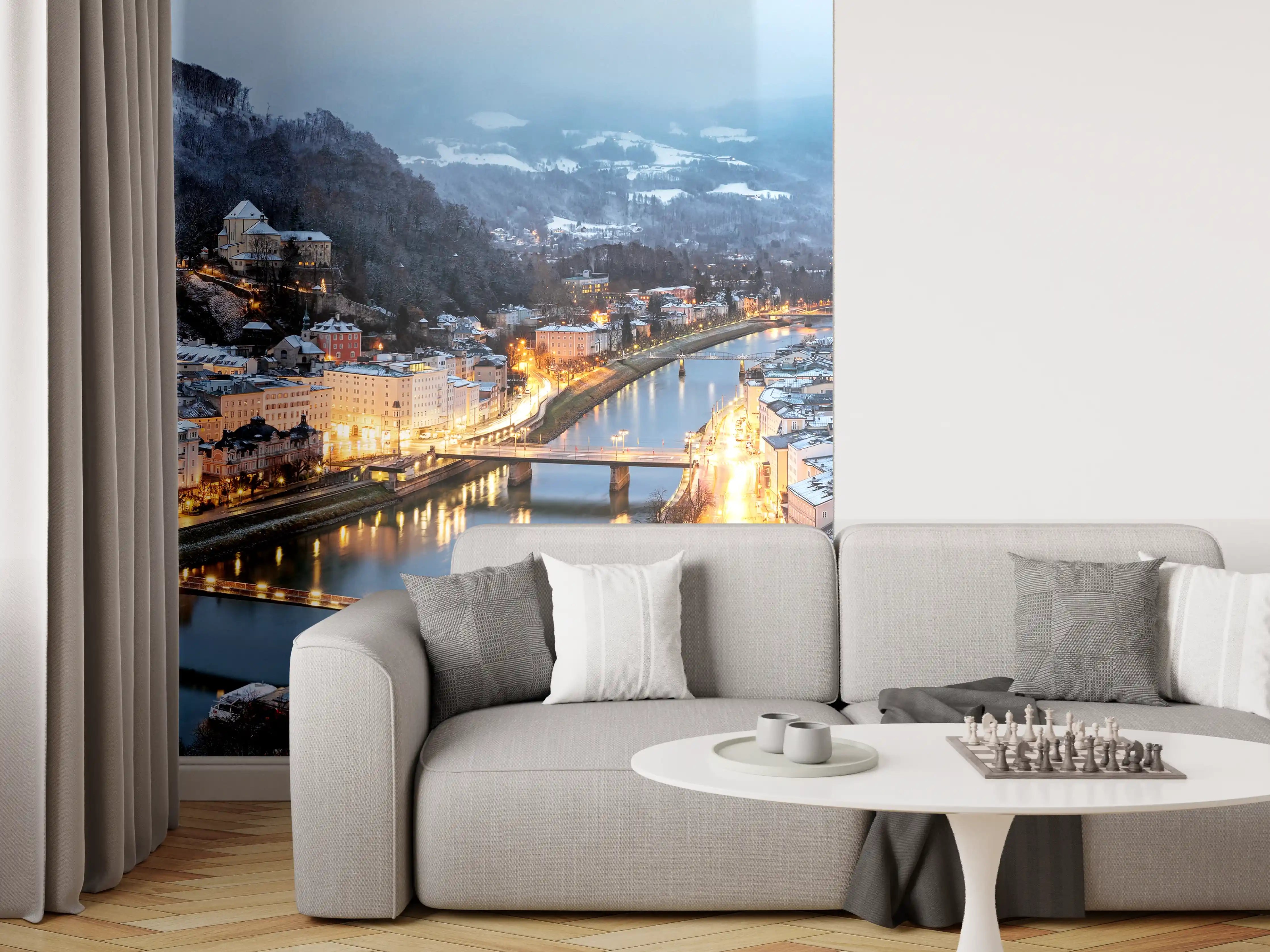 Wandverkleidung Wohnzimmer - Blick über die Stadt bei Dämmerung