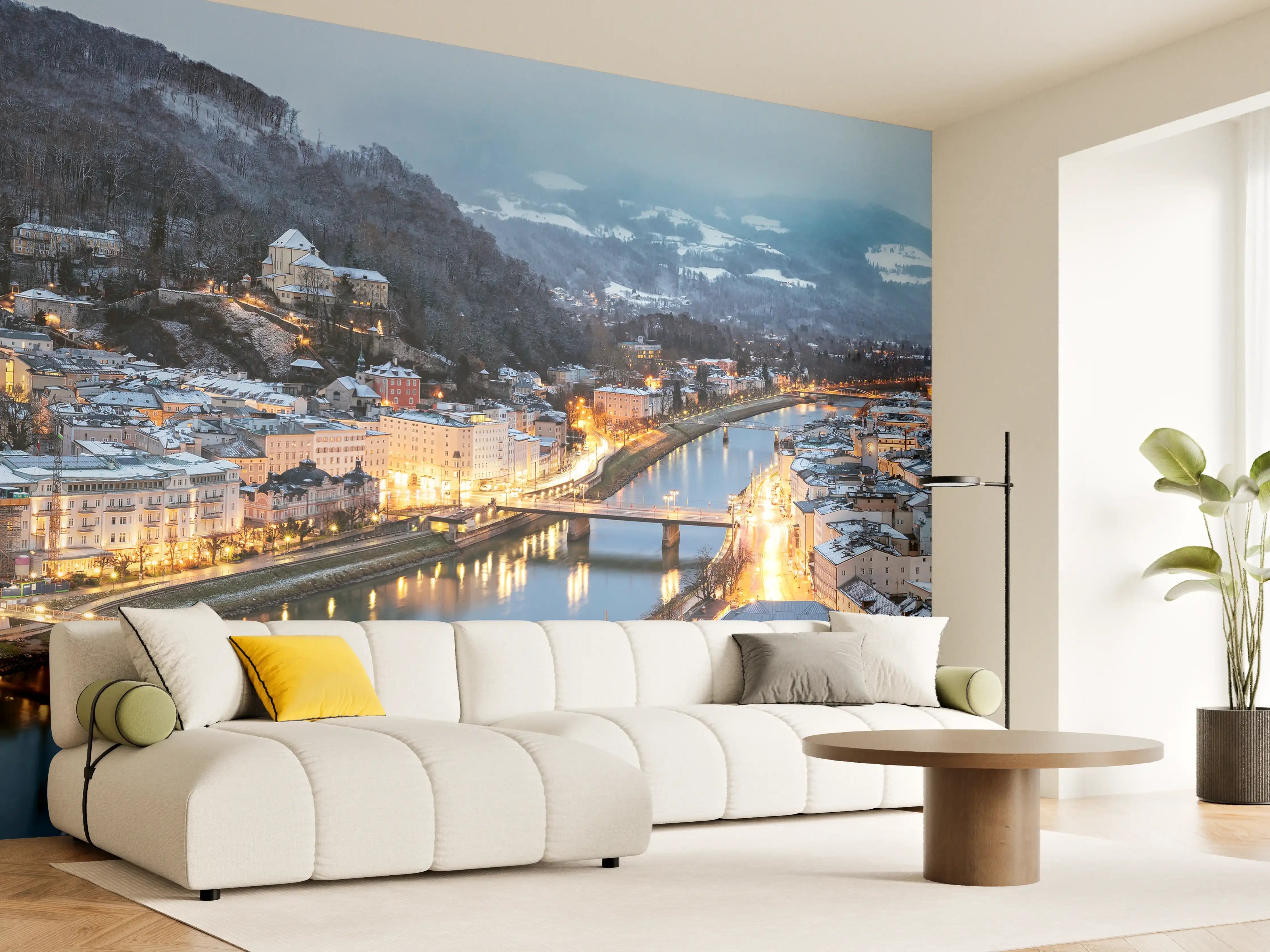 Wandverkleidung Wohnzimmer - Blick über die Stadt bei Dämmerung
