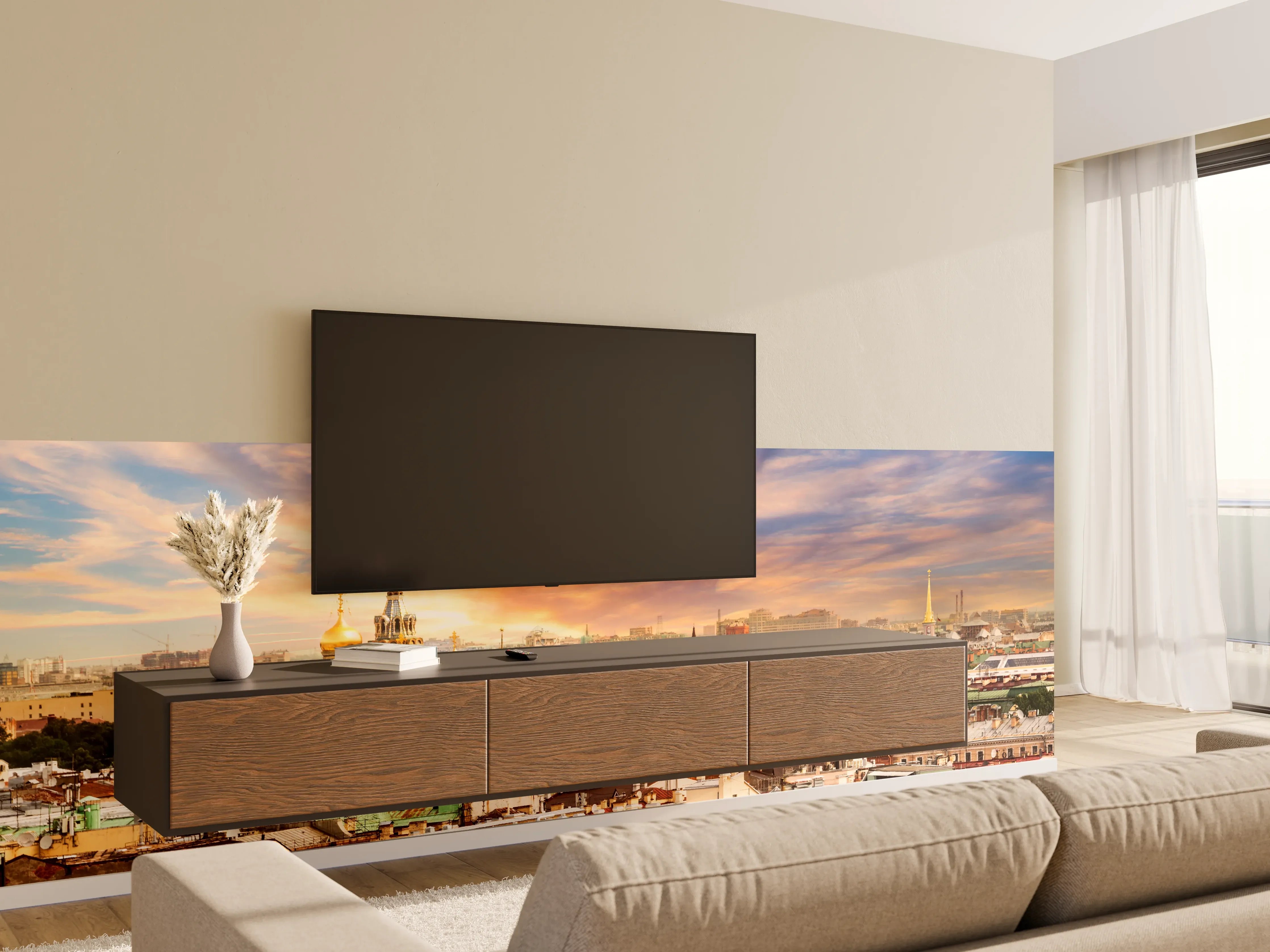 Wandverkleidung Wohnzimmer - Blick über die Stadt bei Sonnenuntergang