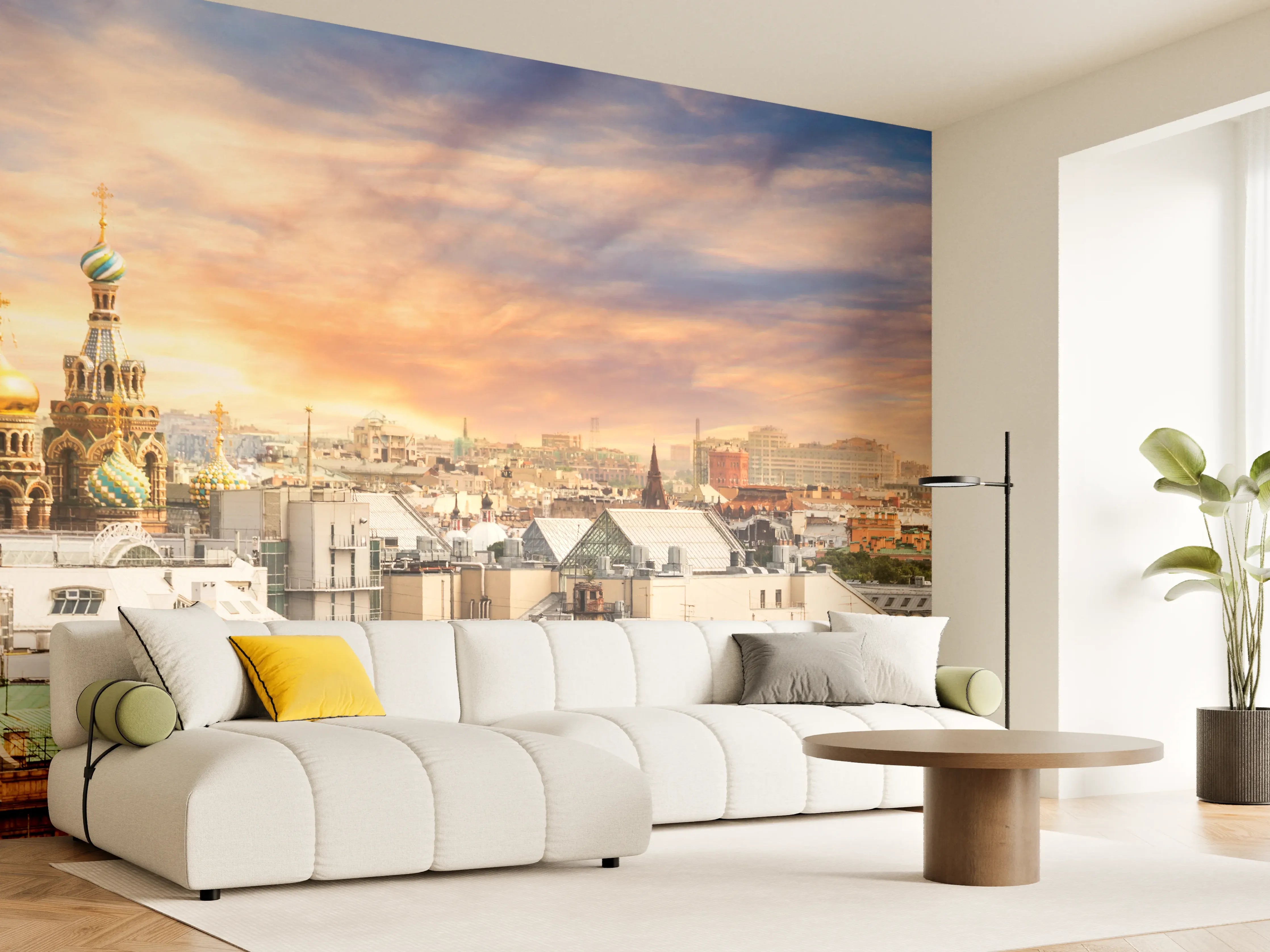 Wandverkleidung Wohnzimmer - Blick über die Stadt bei Sonnenuntergang
