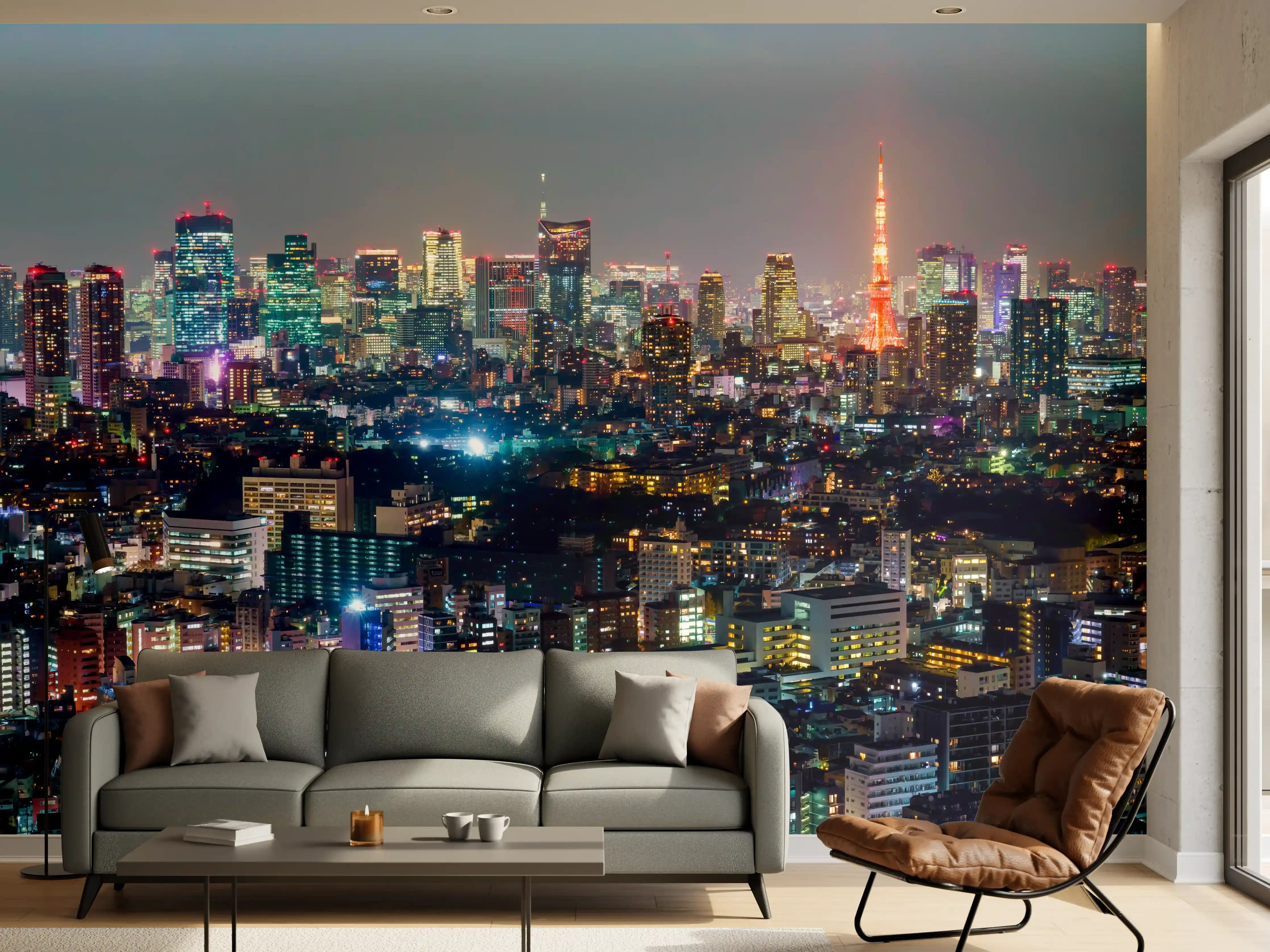 Wandverkleidung Wohnzimmer - Blick über die nächtliche Stadt