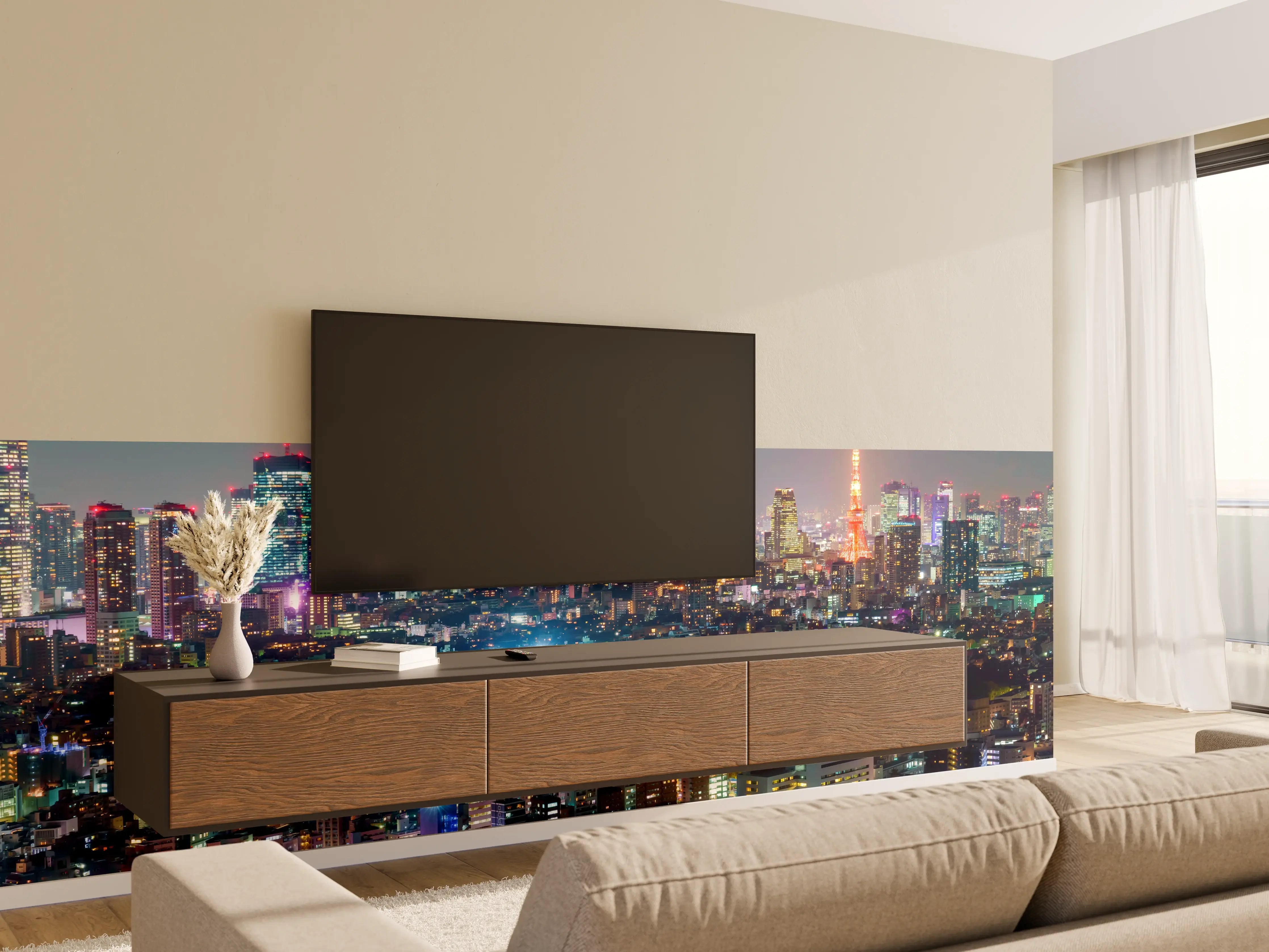Wandverkleidung Wohnzimmer - Blick über die nächtliche Stadt