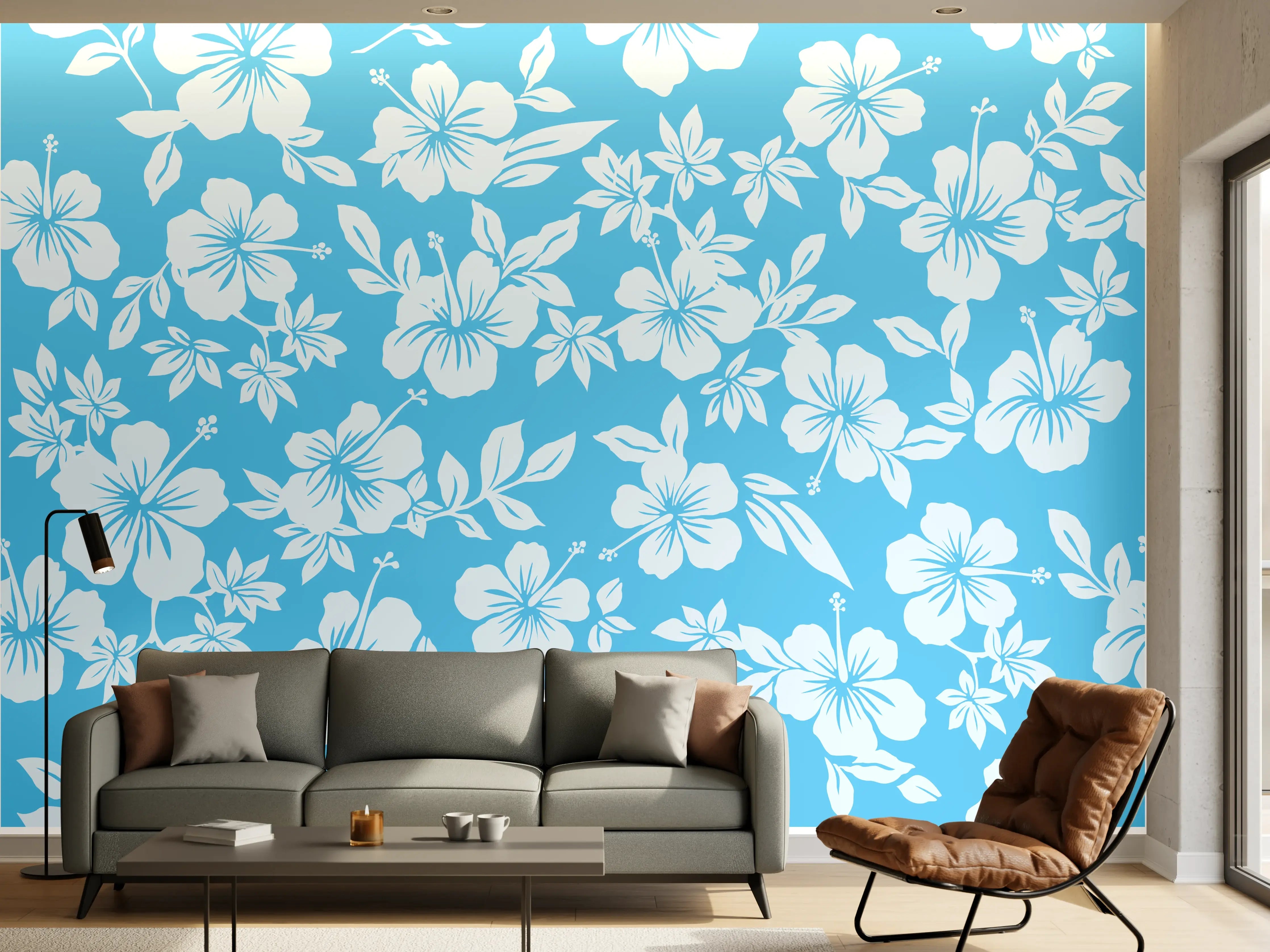 Wandverkleidung Wohnzimmer - Blühende Hibiskusmuster in Blau